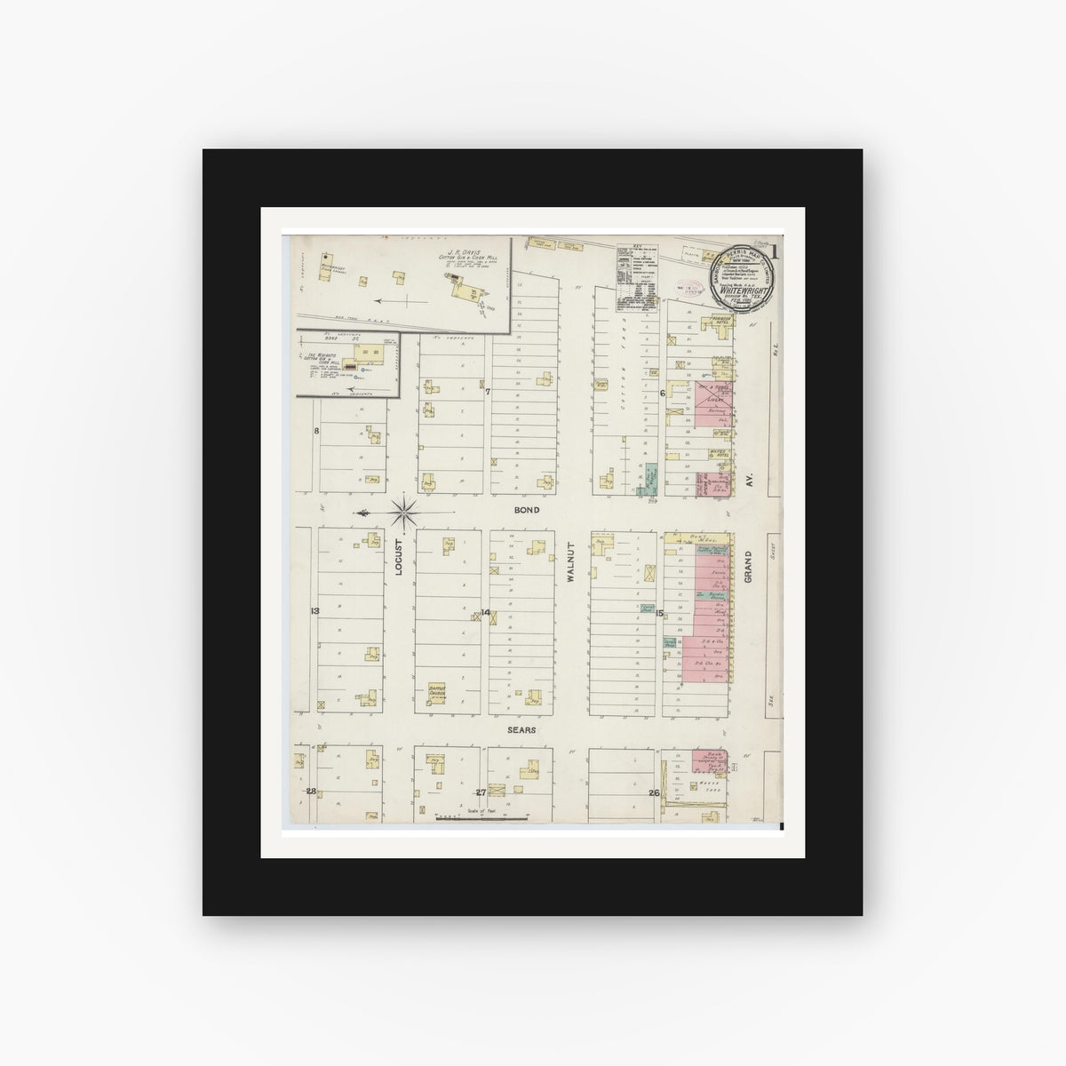 Old map wall art mockup — black gallery frame with white mat — Sanborn Fire Insurance Map from Whitewright, Grayson County, Texas (1891), Sheet #0001