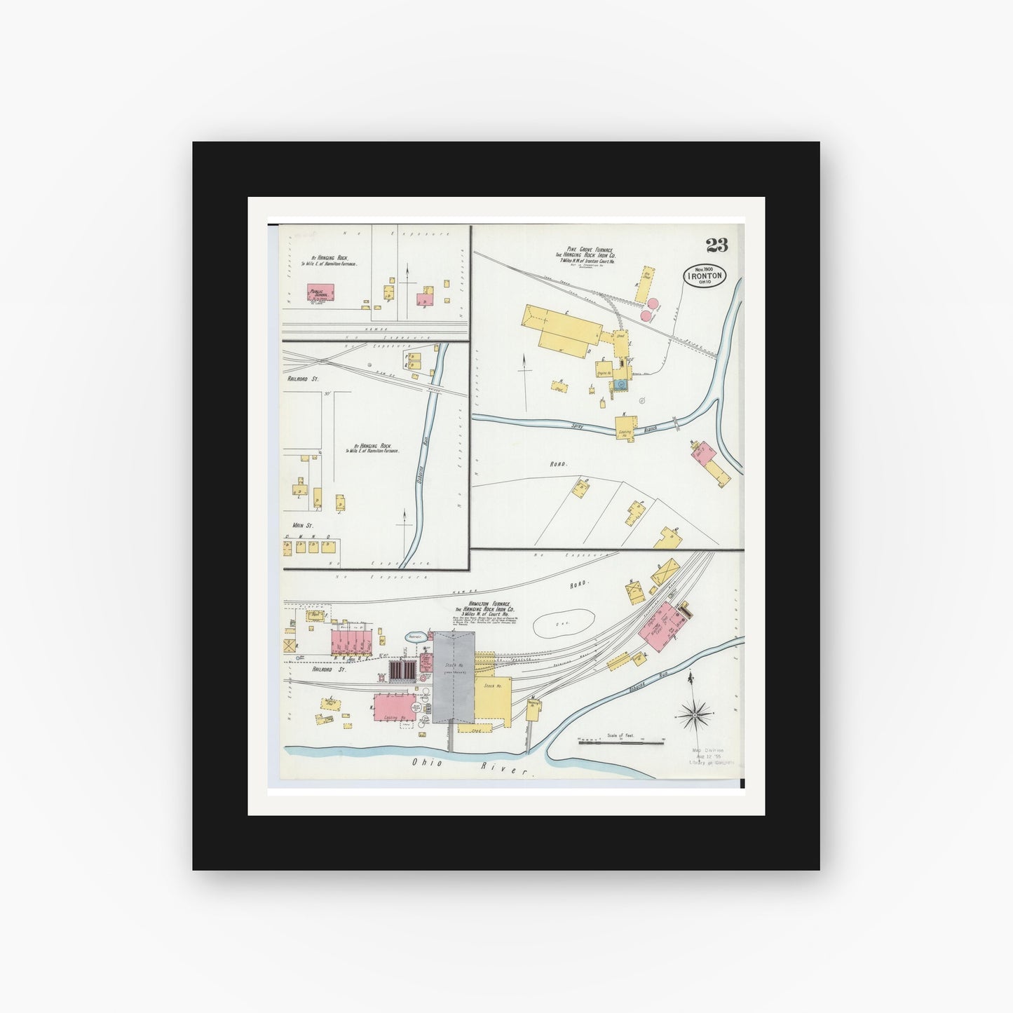 Old map wall art mockup — black gallery frame with white mat — Sanborn Fire Insurance Map from Ironton, Lawrence County, Ohio (1900), Sheet #0023