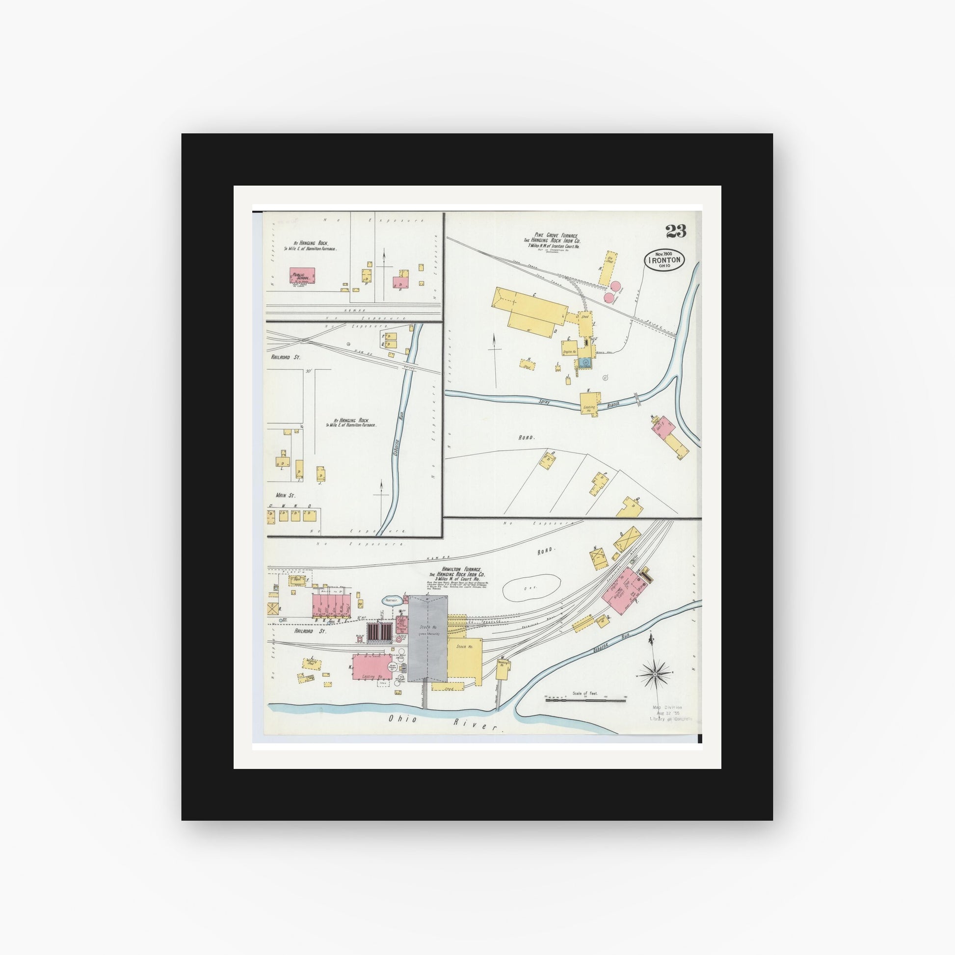Old map wall art mockup — black gallery frame with white mat — Sanborn Fire Insurance Map from Ironton, Lawrence County, Ohio (1900), Sheet #0023