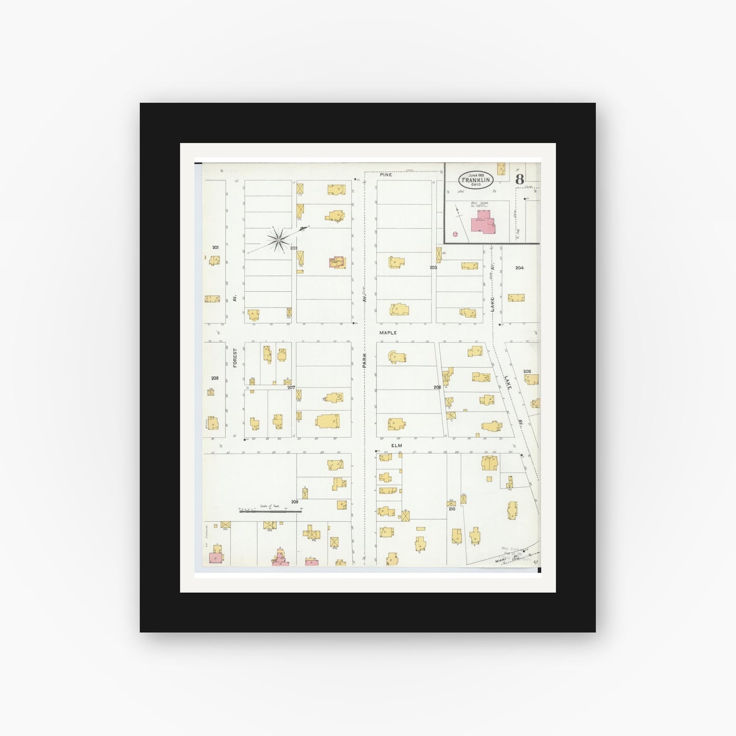 Old map wall art mockup — black gallery frame with white mat — Sanborn Fire Insurance Map from Franklin, Warren County, Ohio (1905), Sheet #0008