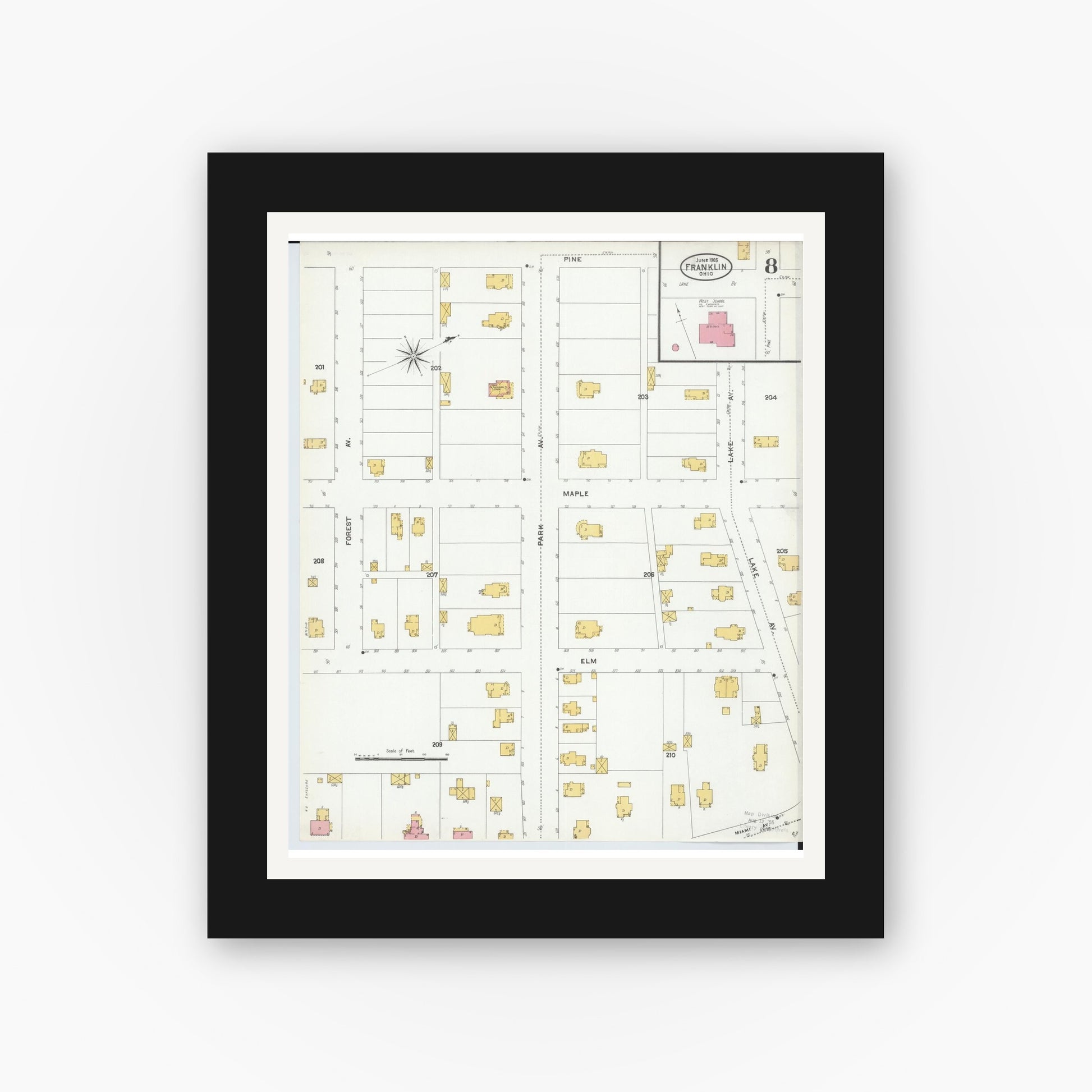 Old map wall art mockup — black gallery frame with white mat — Sanborn Fire Insurance Map from Franklin, Warren County, Ohio (1905), Sheet #0008