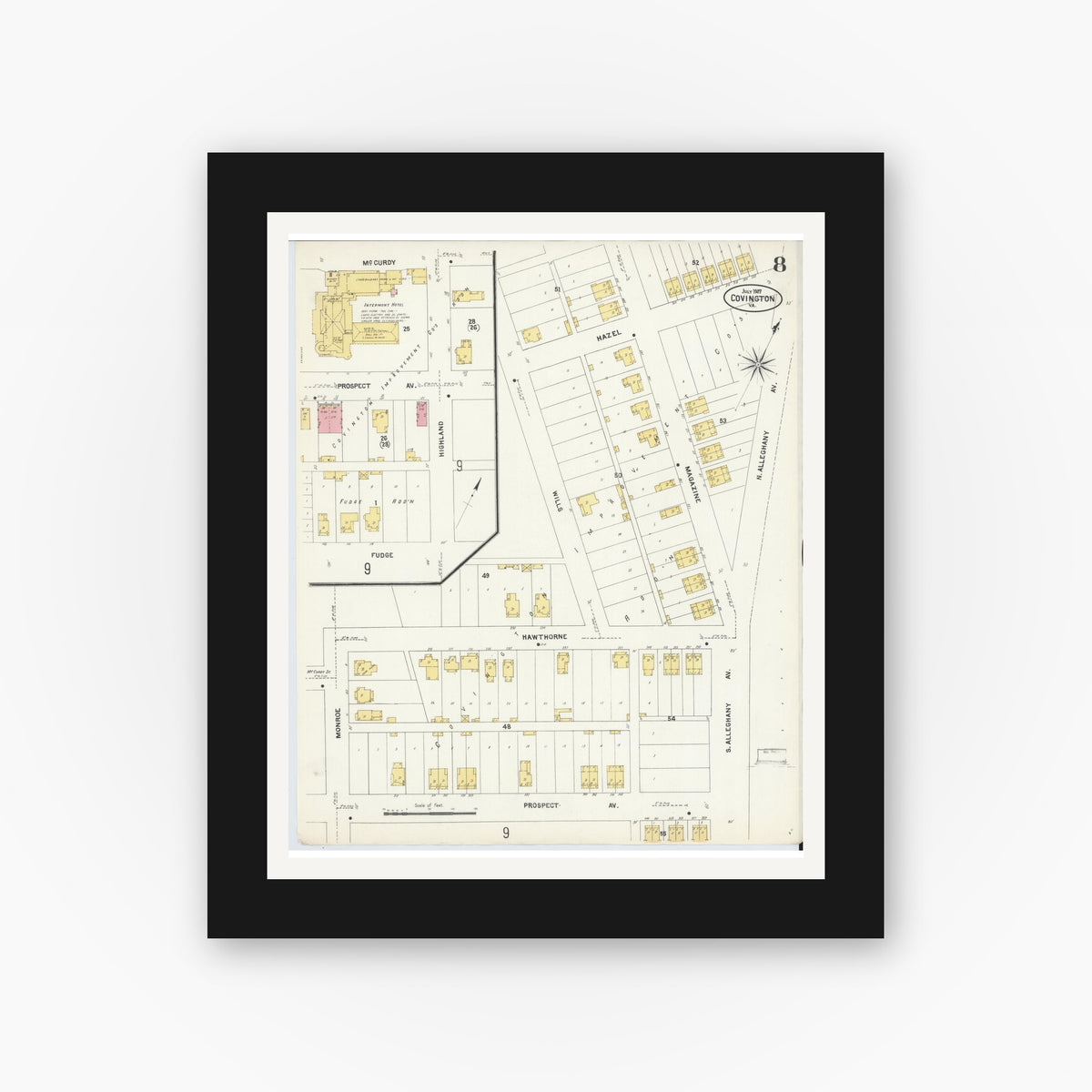 Old map wall art mockup — black gallery frame with white mat — Sanborn Fire Insurance Map from Covington, Independent Cities, Virginia (1907), Sheet #0008