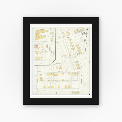 Old map wall art mockup — black gallery frame with white mat — Sanborn Fire Insurance Map from Covington, Independent Cities, Virginia (1907), Sheet #0008