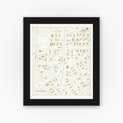Old map wall art mockup — black gallery frame with white mat — Sanborn Fire Insurance Map from Neenah, Winnebago County, Wisconsin (1906), Sheet #0012