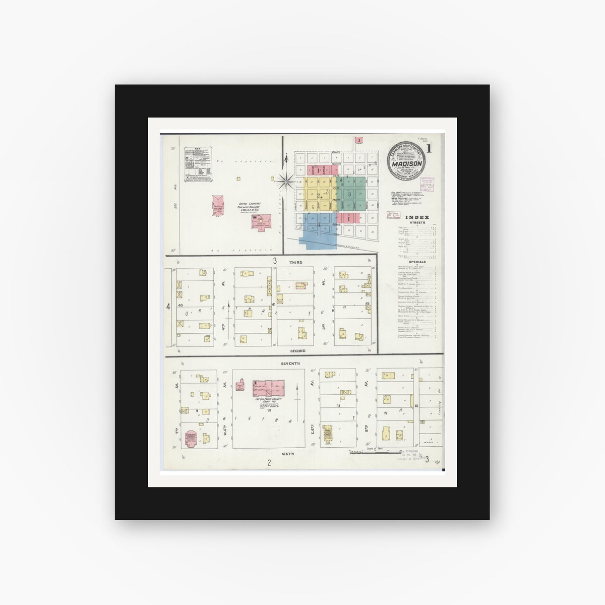 Old map wall art mockup — black gallery frame with white mat — Sanborn Fire Insurance Map from Madison, Lac Qui Parle County, Minnesota (1906), Sheet #0001