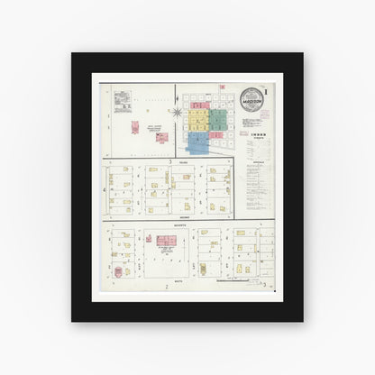Old map wall art mockup — black gallery frame with white mat — Sanborn Fire Insurance Map from Madison, Lac Qui Parle County, Minnesota (1906), Sheet #0001