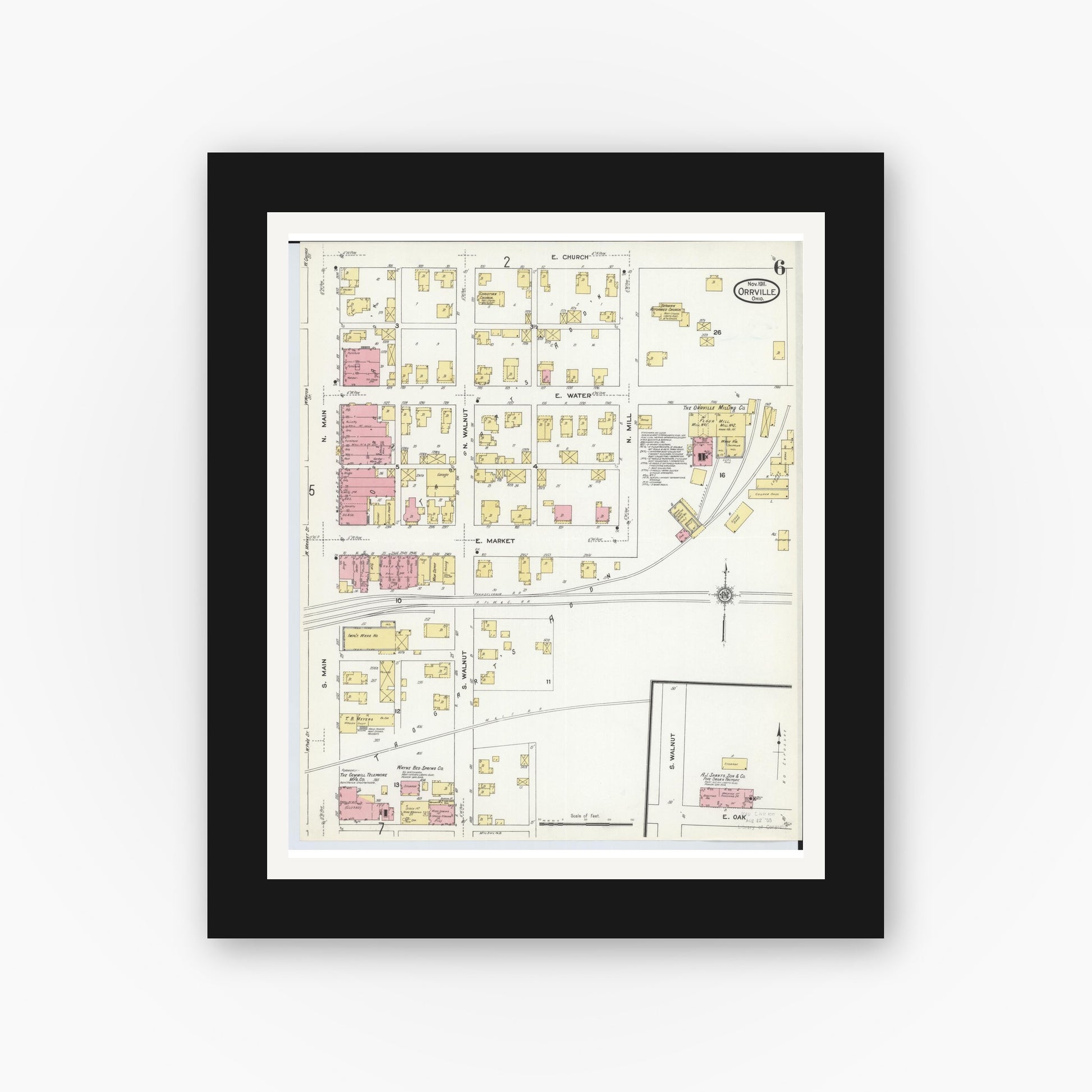 Old map wall art mockup — black gallery frame with white mat — Sanborn Fire Insurance Map from Orrville, Wayne County, Ohio (1911), Sheet #0006