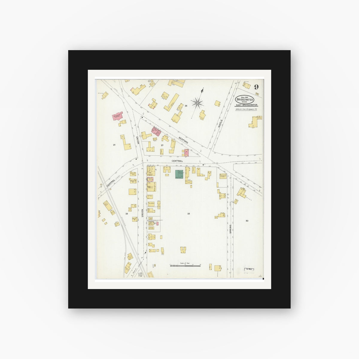 Old map wall art mockup — black gallery frame with white mat — Sanborn Fire Insurance Map from Bridgewater, Plymouth County, Massachusetts (1906), Sheet #0009