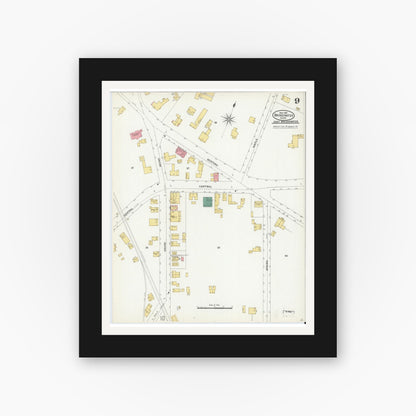 Old map wall art mockup — black gallery frame with white mat — Sanborn Fire Insurance Map from Bridgewater, Plymouth County, Massachusetts (1906), Sheet #0009