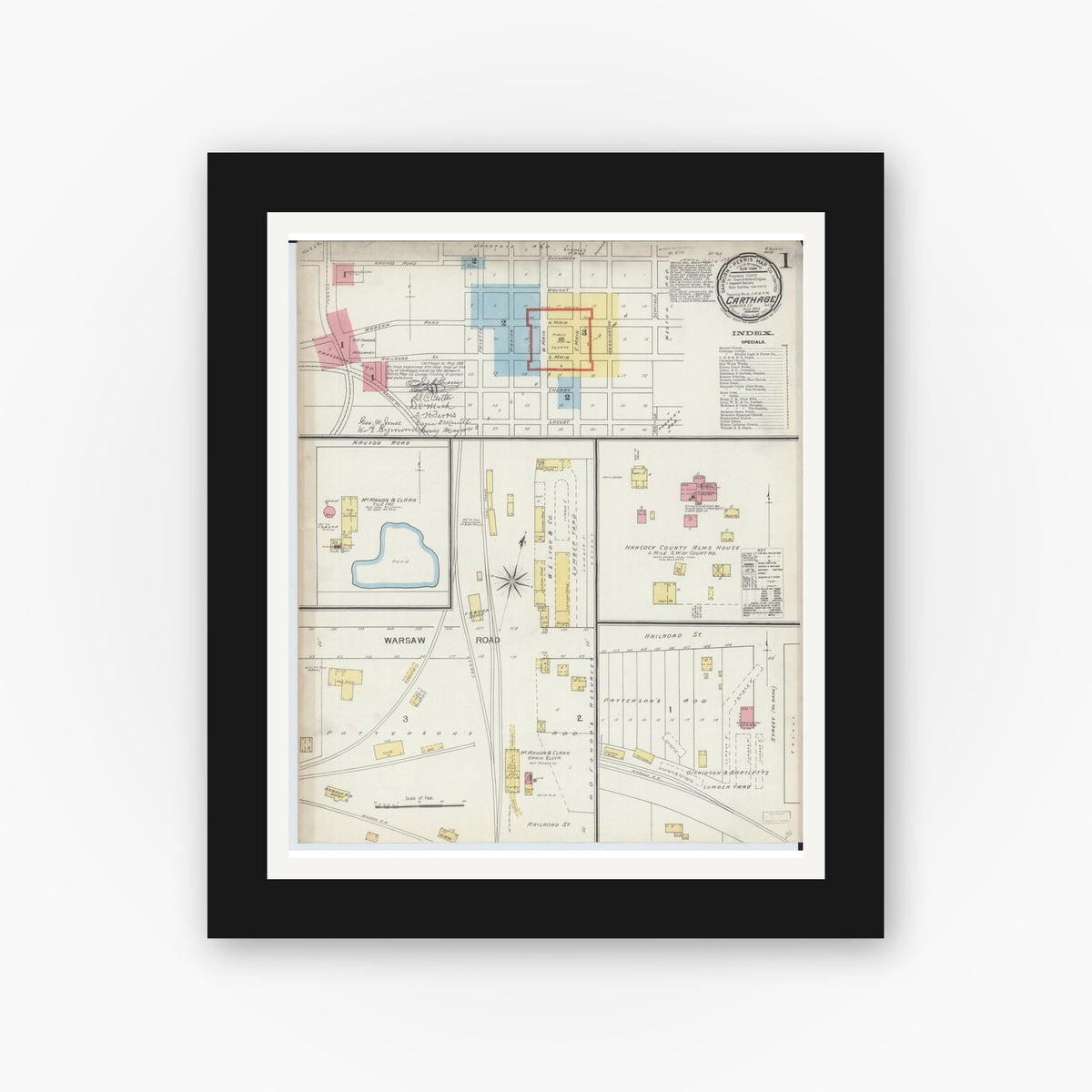 Old map wall art mockup — black gallery frame with white mat — Sanborn Fire Insurance Map from Carthage, Hancock County, Illinois (1893) - Complete Map Set