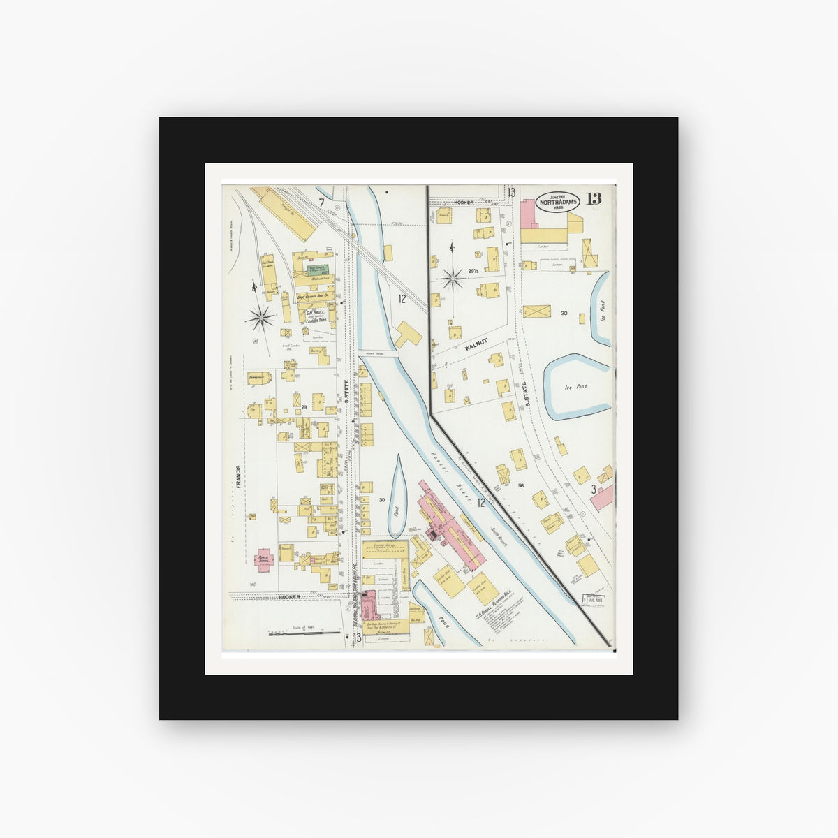 Old map wall art mockup — black gallery frame with white mat — Sanborn Fire Insurance Map from North Adams, Berkshire County, Massachusetts (1901), Sheet #0013