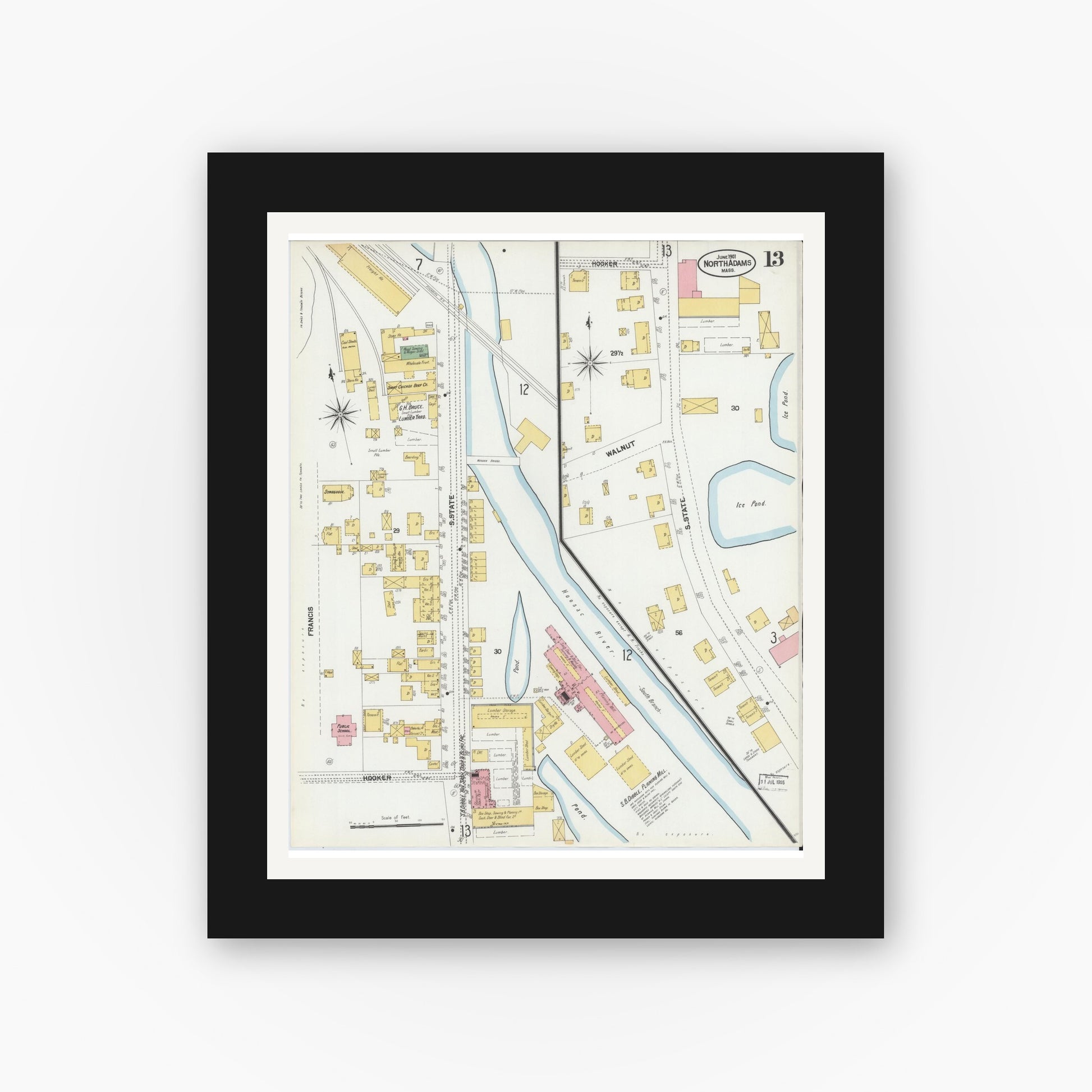 Old map wall art mockup — black gallery frame with white mat — Sanborn Fire Insurance Map from North Adams, Berkshire County, Massachusetts (1901), Sheet #0013