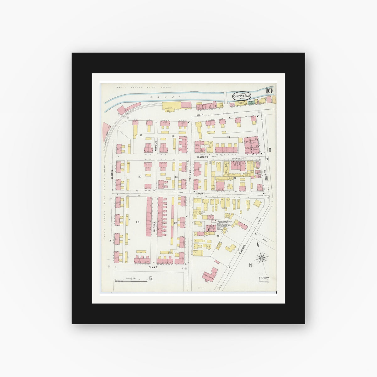 Old map wall art mockup — black gallery frame with white mat — Sanborn Fire Insurance Map from Chicopee, Hampden County, Massachusetts (1896), Sheet #0010