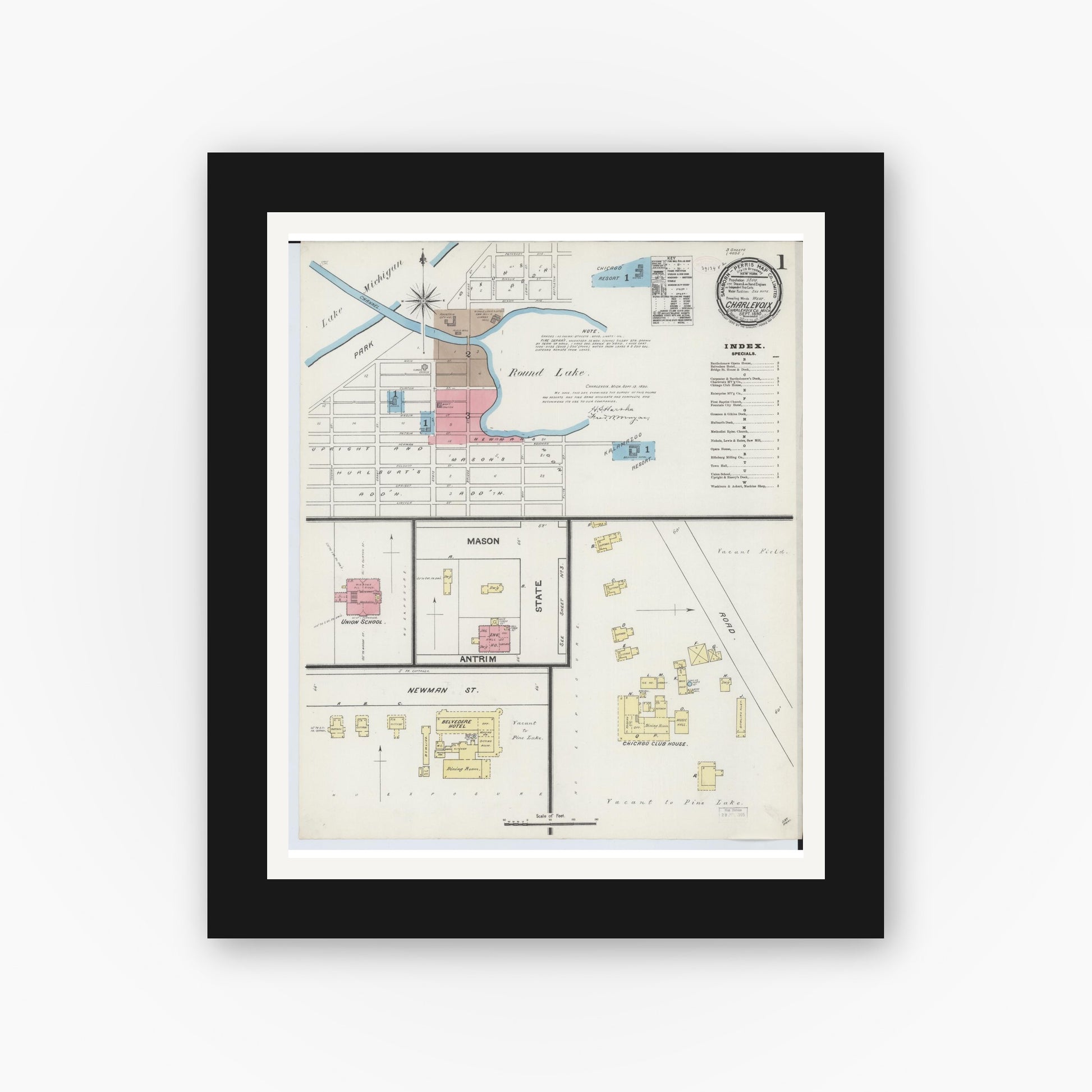 Old map wall art mockup — black gallery frame with white mat — Sanborn Fire Insurance Map from Charlevoix, Charlevoix County, Michigan (1890) - Complete Map Set