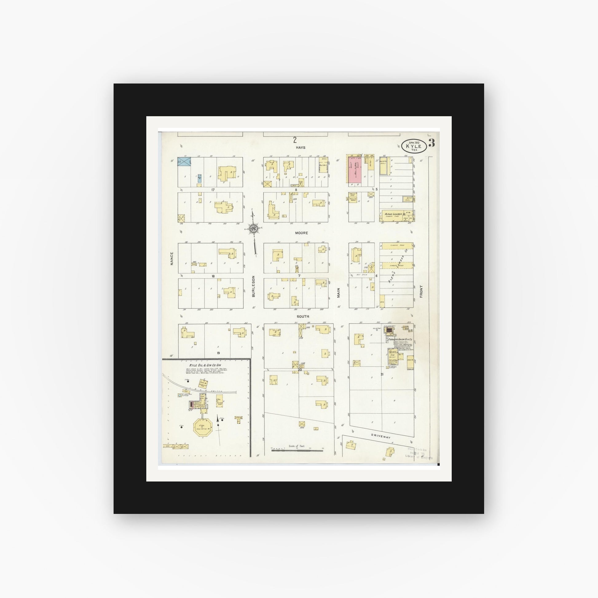 Old map wall art mockup — black gallery frame with white mat — Sanborn Fire Insurance Map from Kyle, Hays County, Texas (1912), Sheet #0003