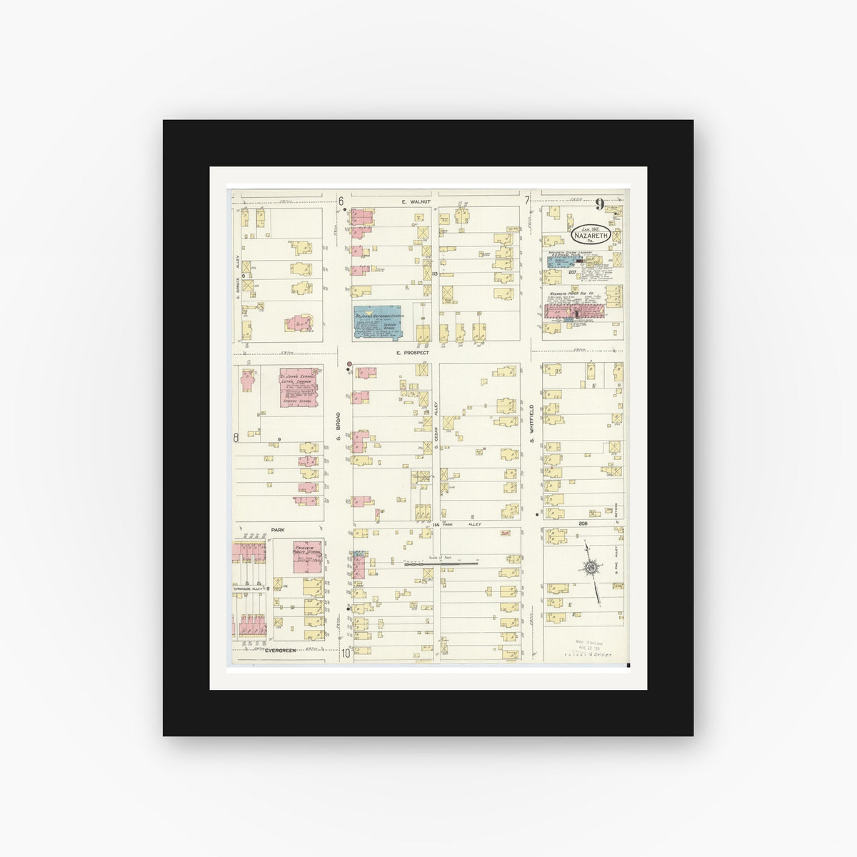 Old map wall art mockup — black gallery frame with white mat — Sanborn Fire Insurance Map from Nazareth, Northampton County, Pennsylvania (1912), Sheet #0009