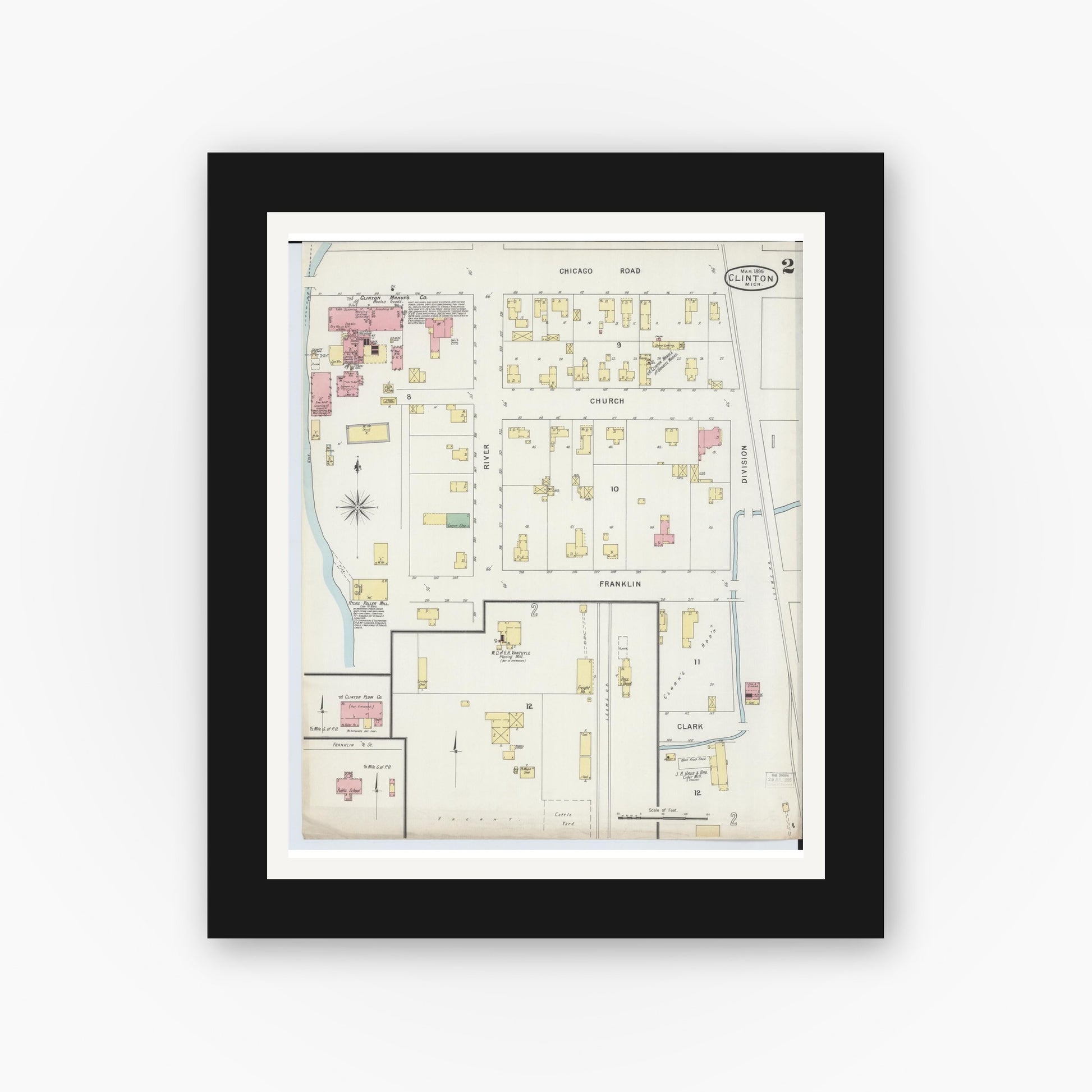Old map wall art mockup — black gallery frame with white mat — Sanborn Fire Insurance Map from Clinton, Lenawee County, Michigan (1895), Sheet #0002