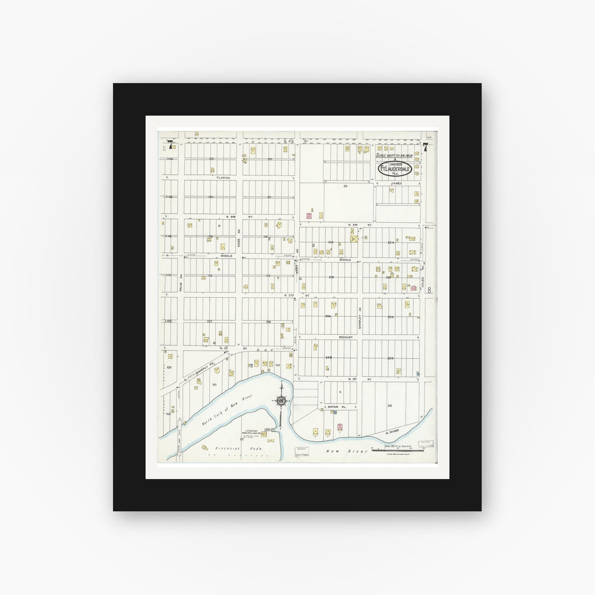 Old map wall art mockup — black gallery frame with white mat — Sanborn Fire Insurance Map from Fort Lauderdale, Broward County, Florida (1924), Sheet #0007