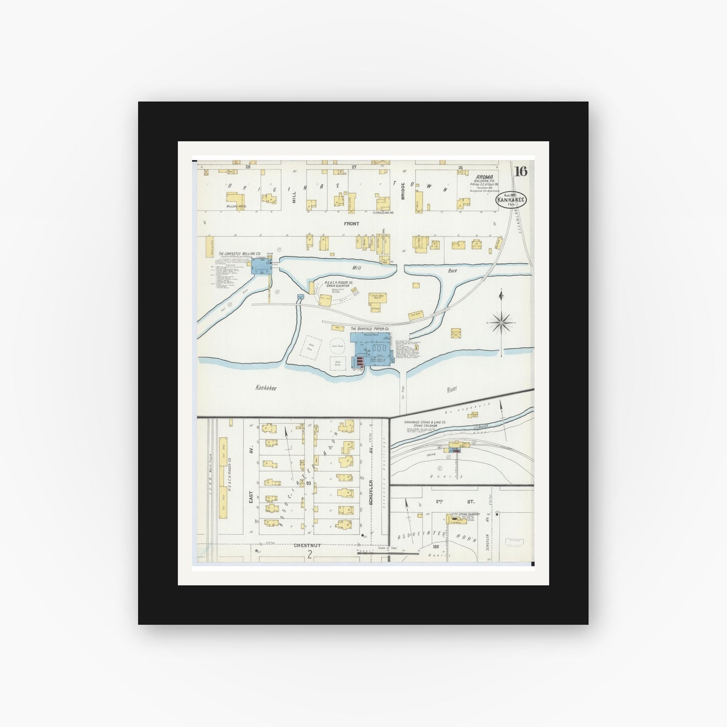 Old map wall art mockup — black gallery frame with white mat — Sanborn Fire Insurance Map from Kankakee, Kankakee County, Illinois (1901), Sheet #0016