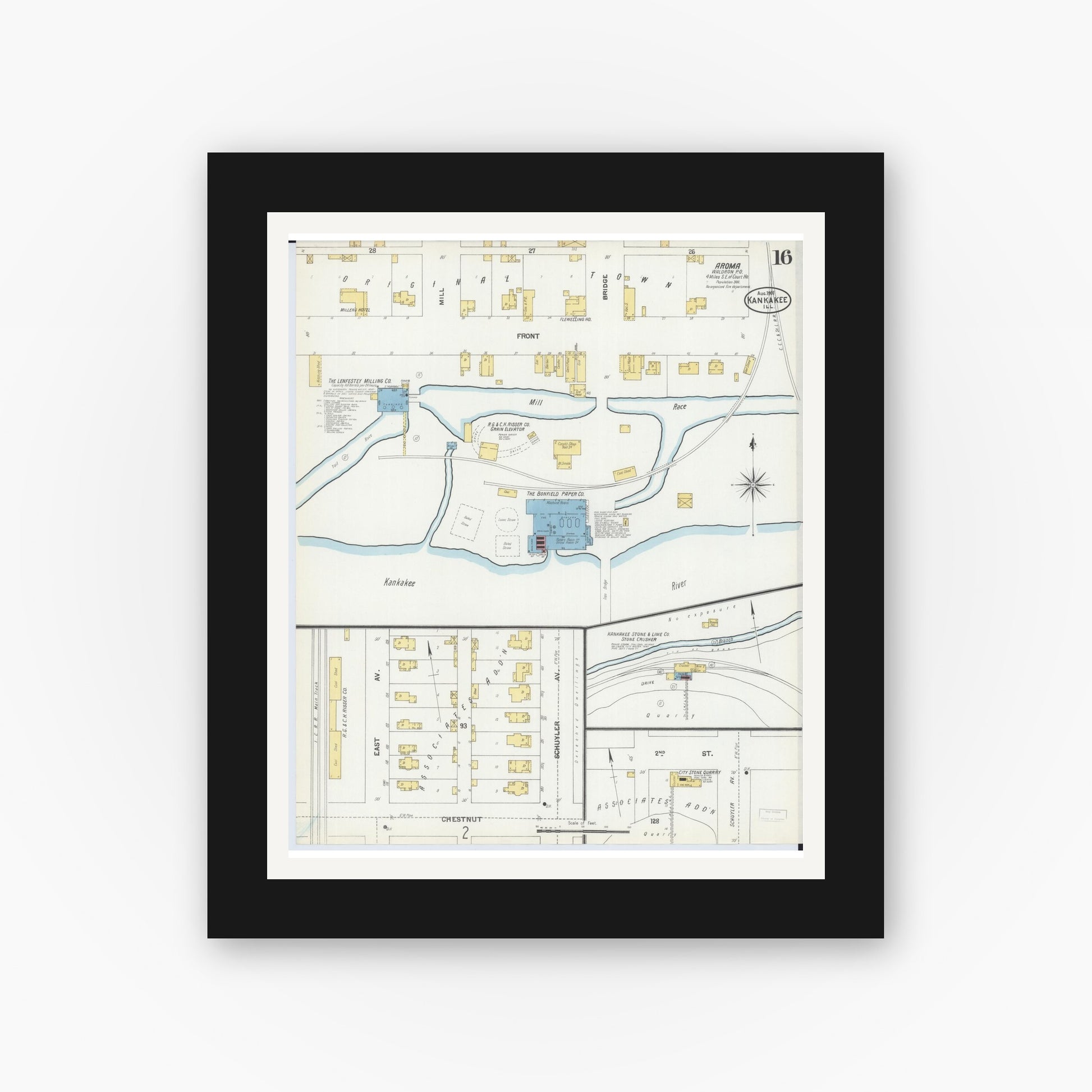 Old map wall art mockup — black gallery frame with white mat — Sanborn Fire Insurance Map from Kankakee, Kankakee County, Illinois (1901), Sheet #0016