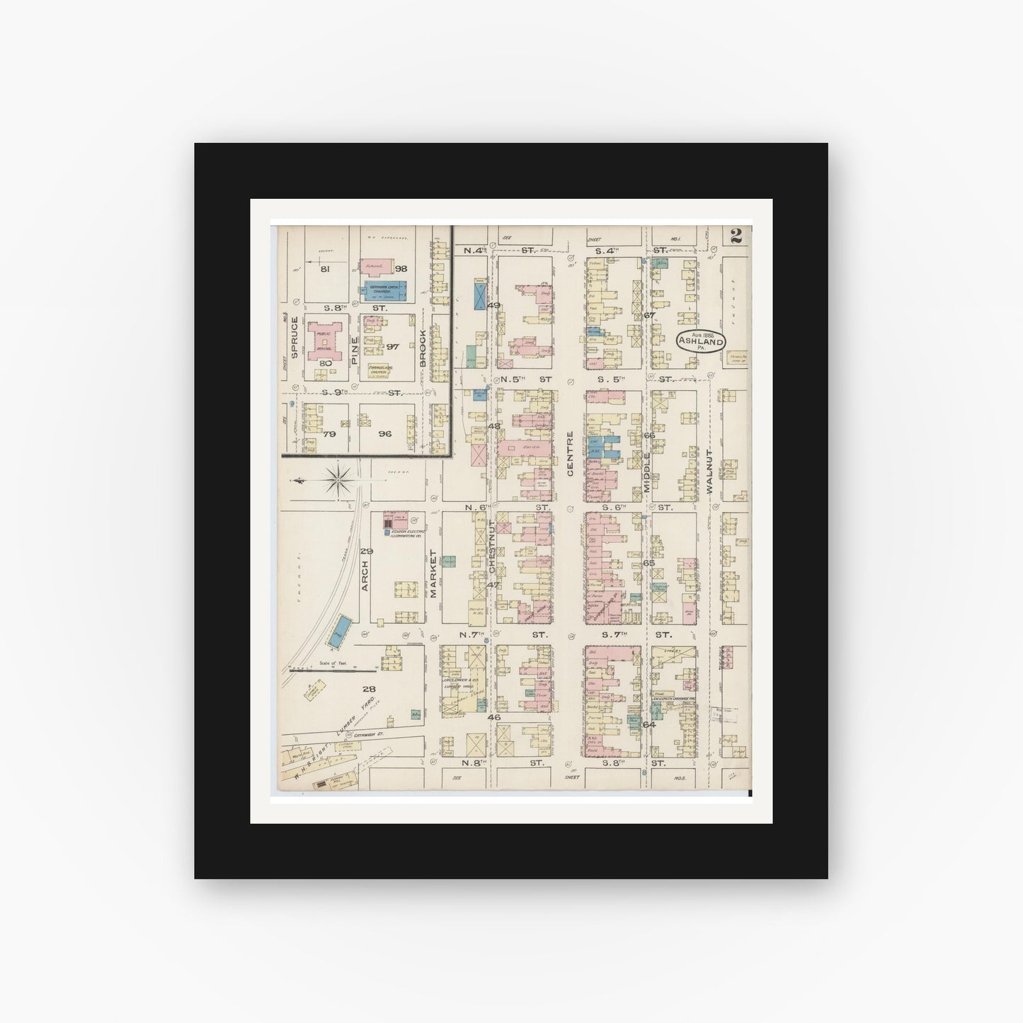 Old map wall art mockup — black gallery frame with white mat — Sanborn Fire Insurance Map from Ashland, Schuylkill County, Pennsylvania (1885), Sheet #0002