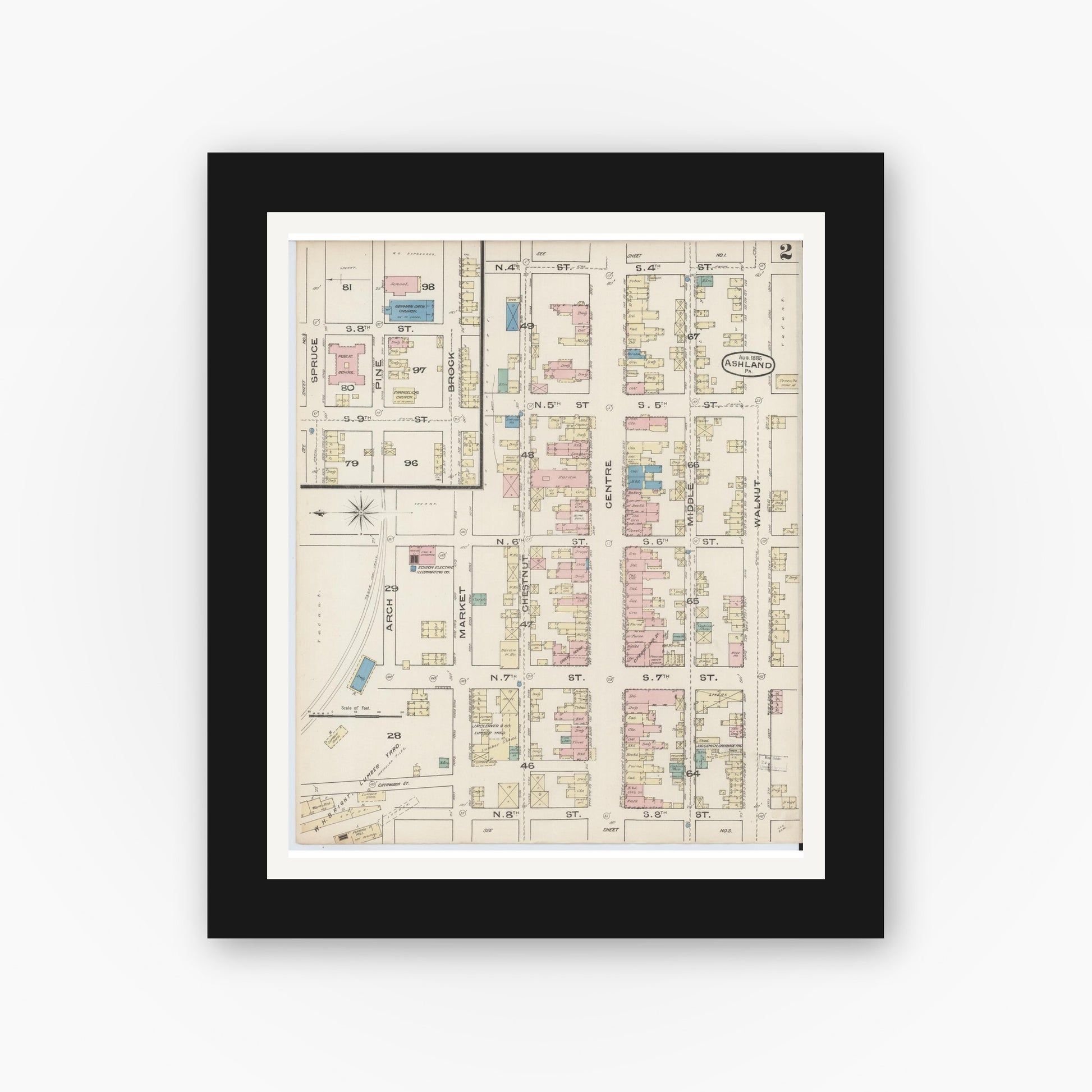 Old map wall art mockup — black gallery frame with white mat — Sanborn Fire Insurance Map from Ashland, Schuylkill County, Pennsylvania (1885), Sheet #0002