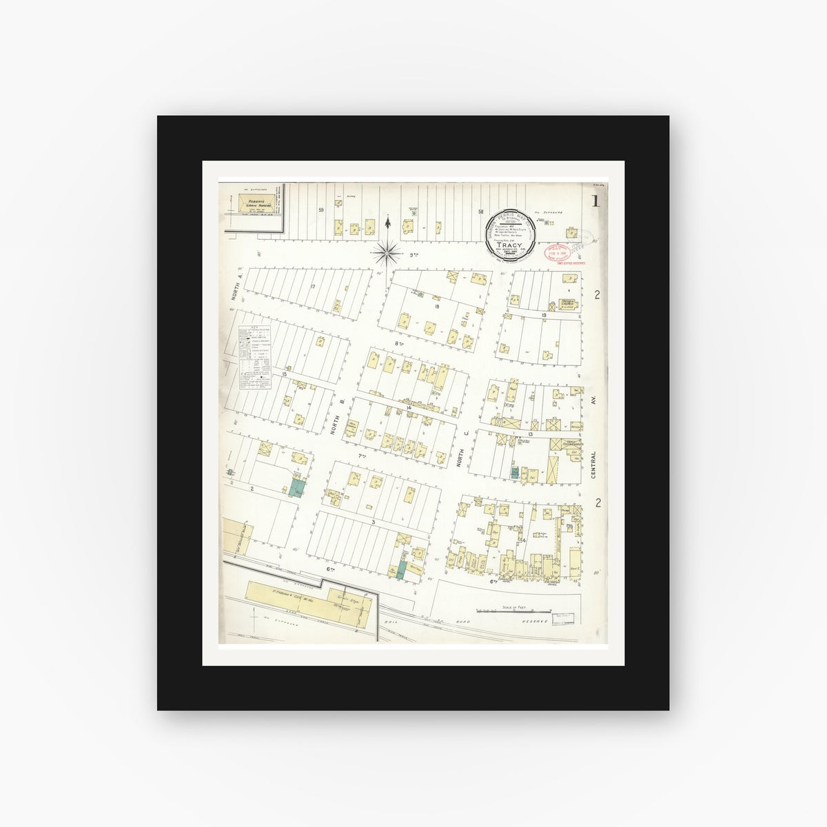 Old map wall art mockup — black gallery frame with white mat — Sanborn Fire Insurance Map from Tracy, San Joaquin County, California (1897) - Complete Map Set