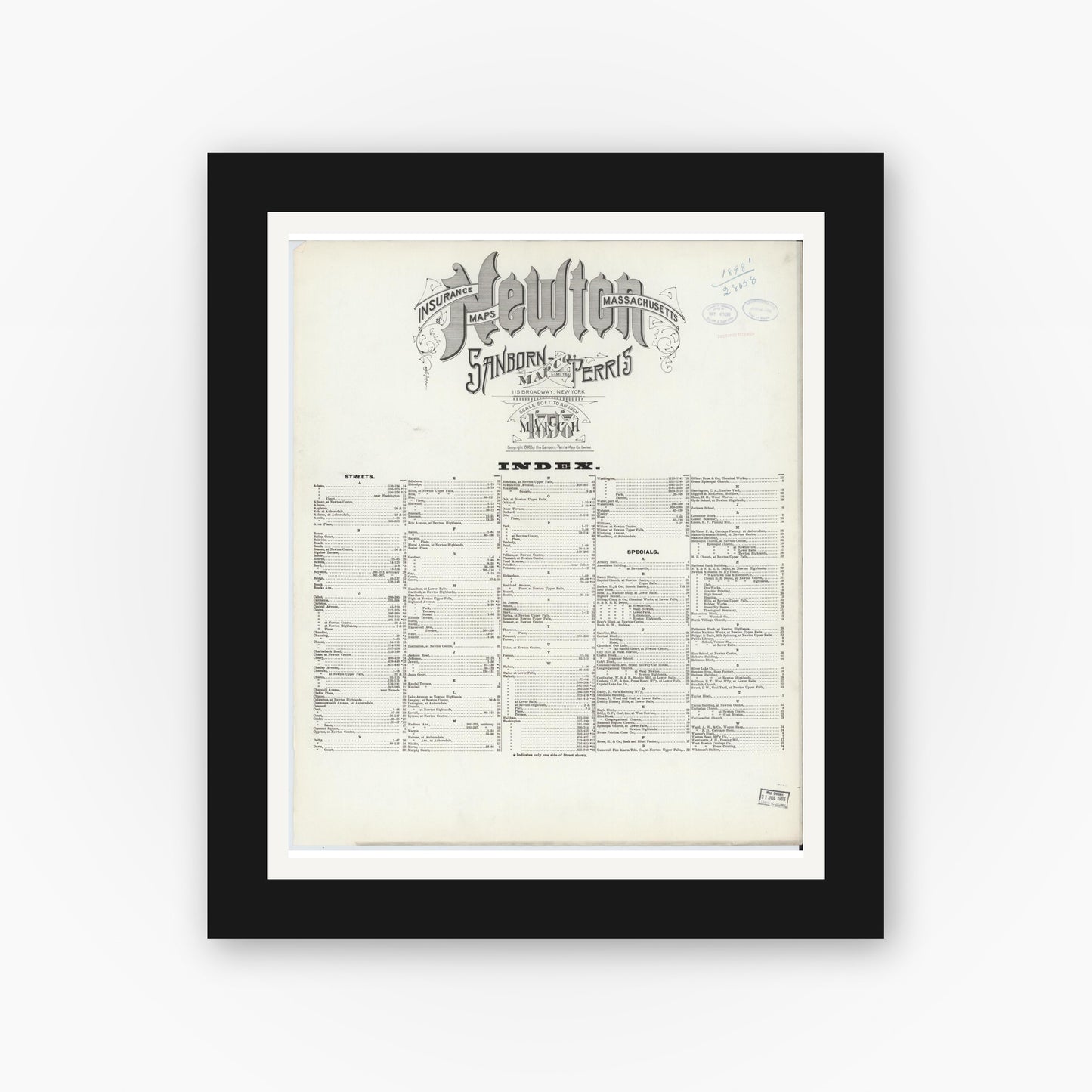 Old map wall art mockup — black gallery frame with white mat — Sanborn Fire Insurance Map from Newton, Middlesex County, Massachusetts (1898), Sheet #0001