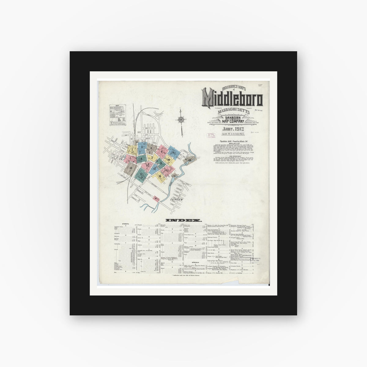 Old map wall art mockup — black gallery frame with white mat — Sanborn Fire Insurance Map from Middleboro, Plymouth County, Massachusetts (1912) - Complete Map Set