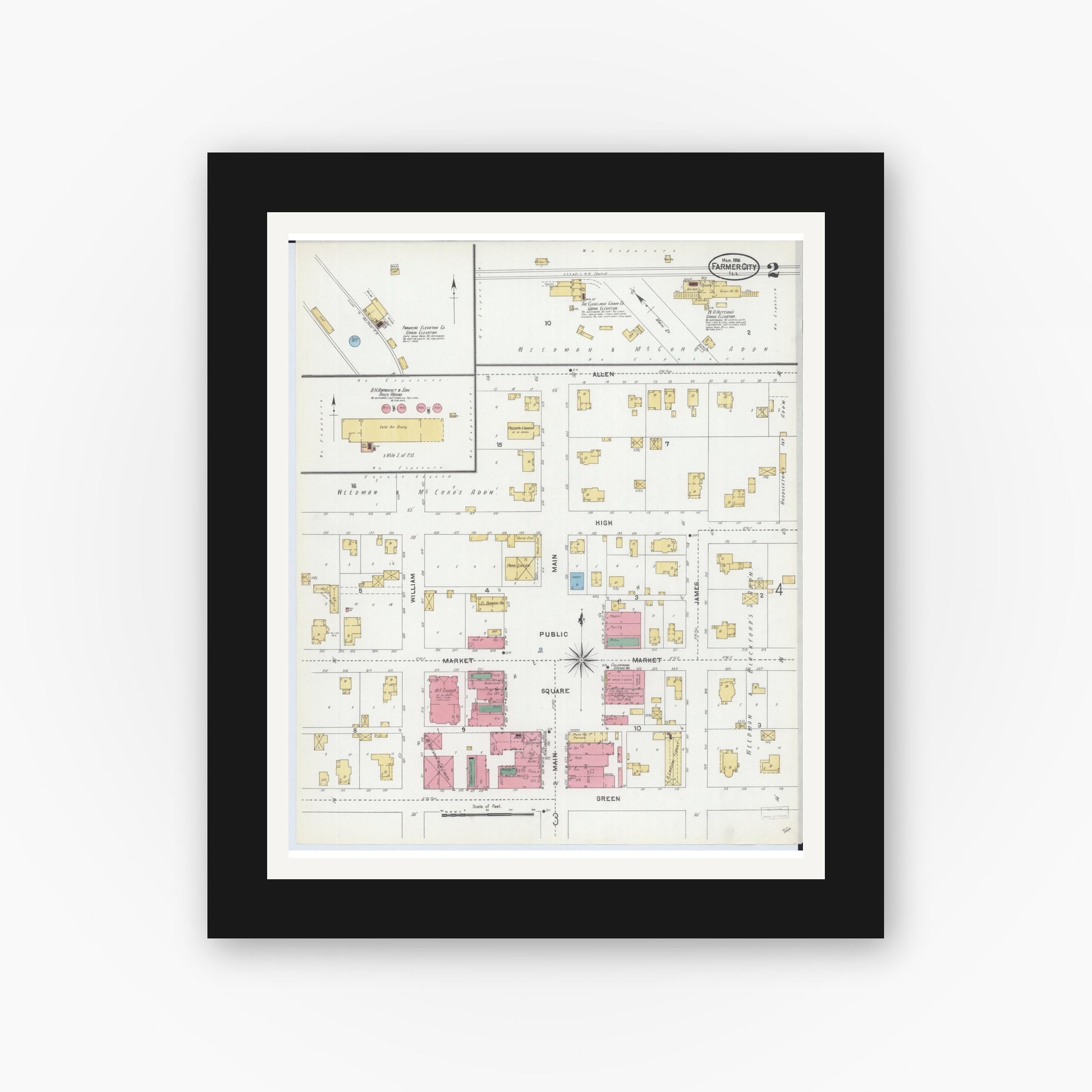Old map wall art mockup — black gallery frame with white mat — Sanborn Fire Insurance Map from Farmer City, De Witt County, Illinois (1906), Sheet #0002