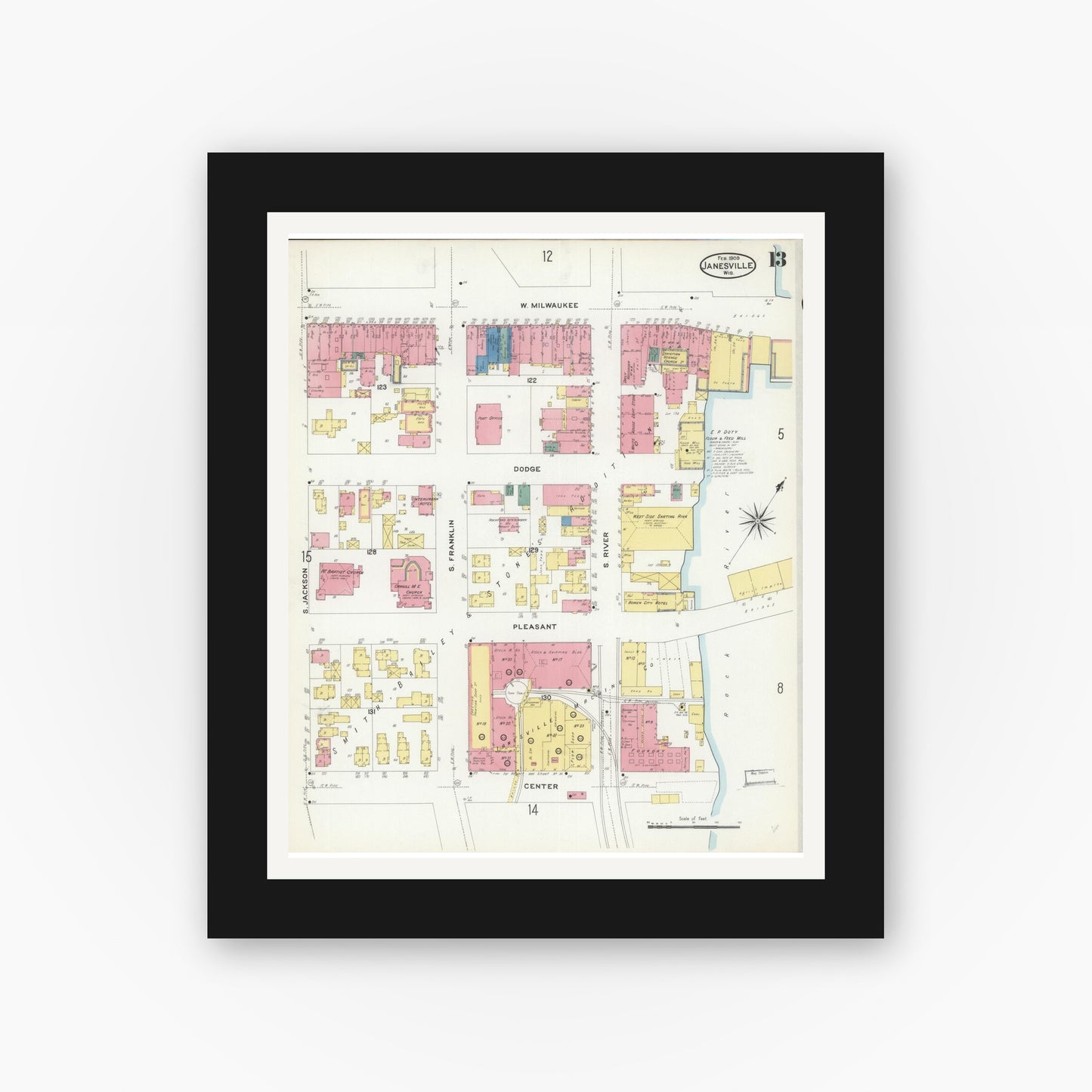 Old map wall art mockup — black gallery frame with white mat — Sanborn Fire Insurance Map from Janesville, Rock County, Wisconsin (1909), Sheet #0013