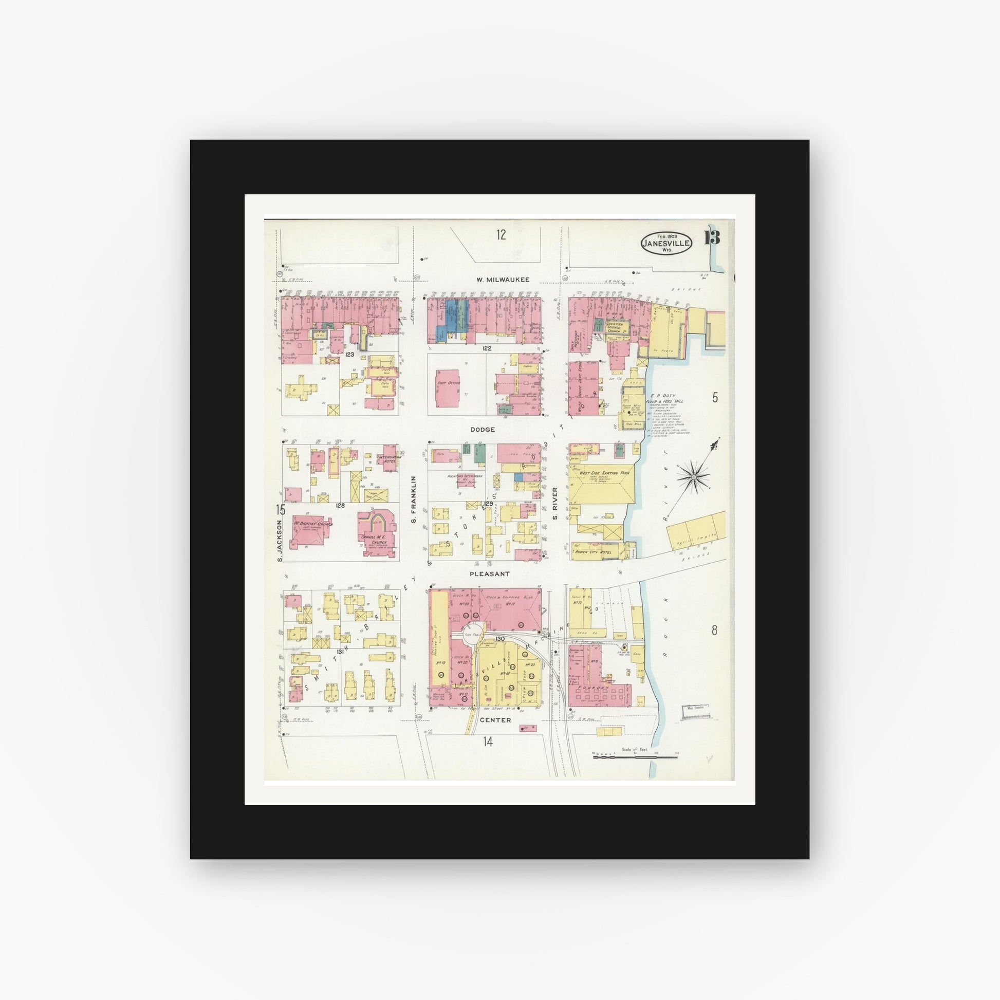 Old map wall art mockup — black gallery frame with white mat — Sanborn Fire Insurance Map from Janesville, Rock County, Wisconsin (1909), Sheet #0013
