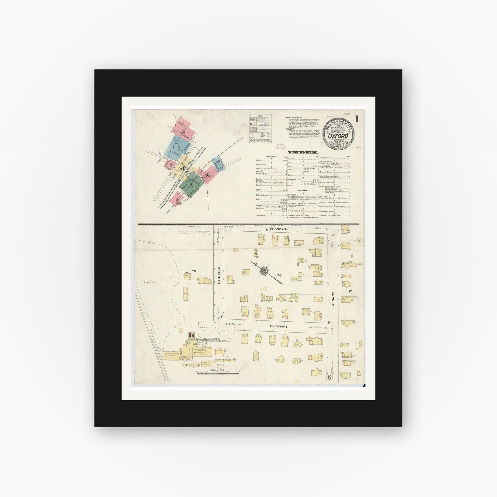 Old map wall art mockup — black gallery frame with white mat — Sanborn Fire Insurance Map from Oxford, Chenango County, New York (1910) - Complete Map Set