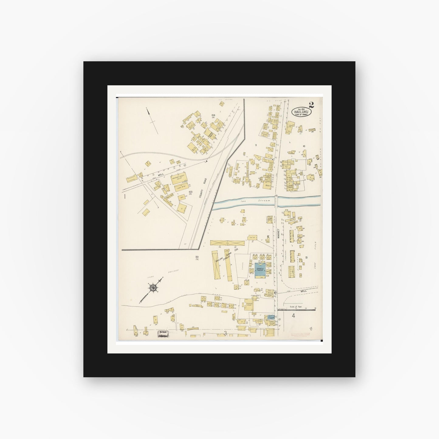 Old map wall art mockup — black gallery frame with white mat — Sanborn Fire Insurance Map from Wailuku, Maui County, Hawaii (1914), Sheet #0002