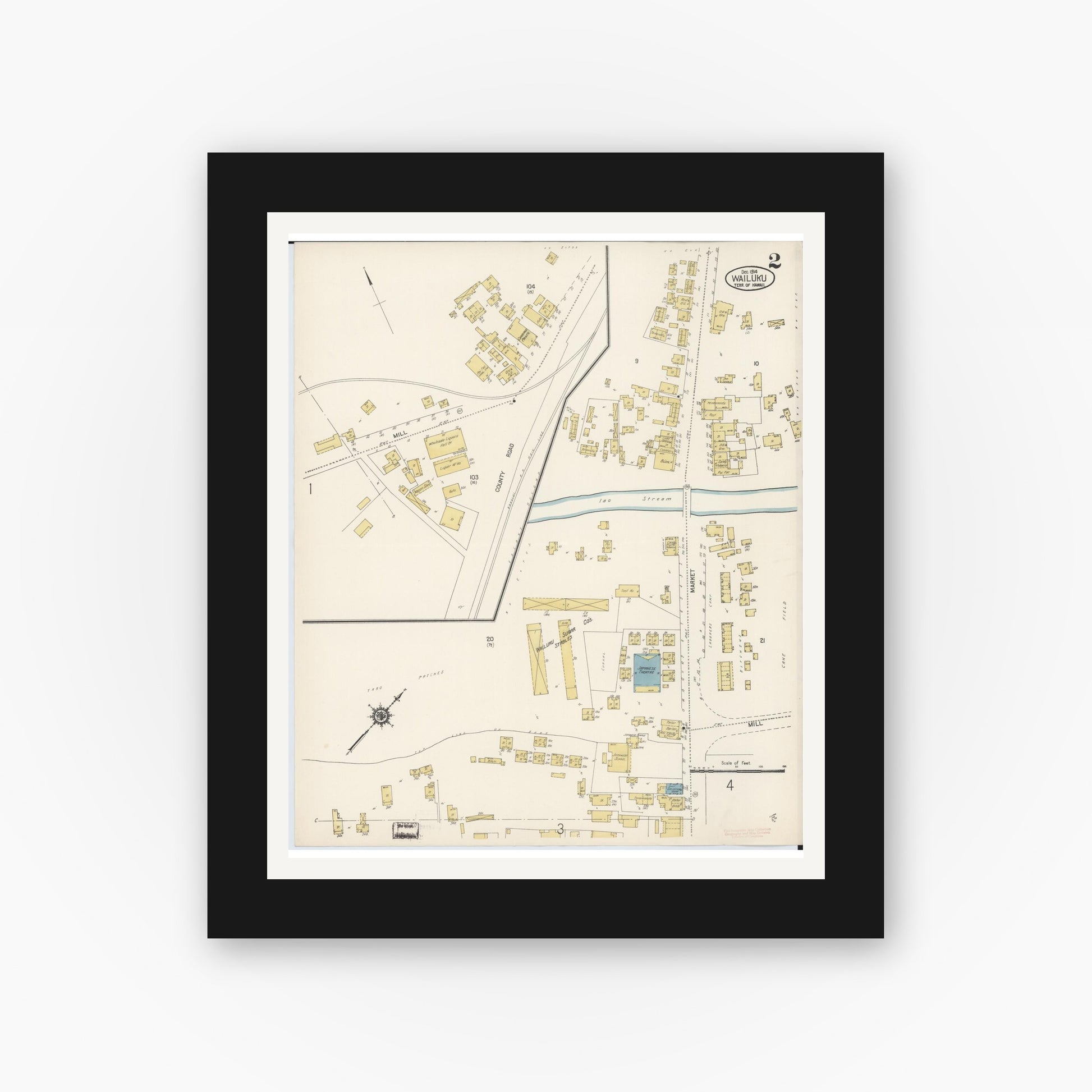 Old map wall art mockup — black gallery frame with white mat — Sanborn Fire Insurance Map from Wailuku, Maui County, Hawaii (1914), Sheet #0002
