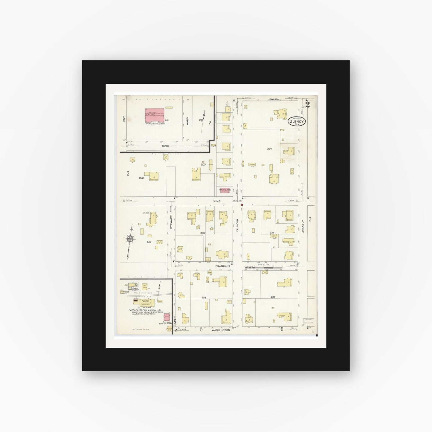 Old map wall art mockup — black gallery frame with white mat — Sanborn Fire Insurance Map from Quincy, Gadsden County, Florida (1913), Sheet #0002