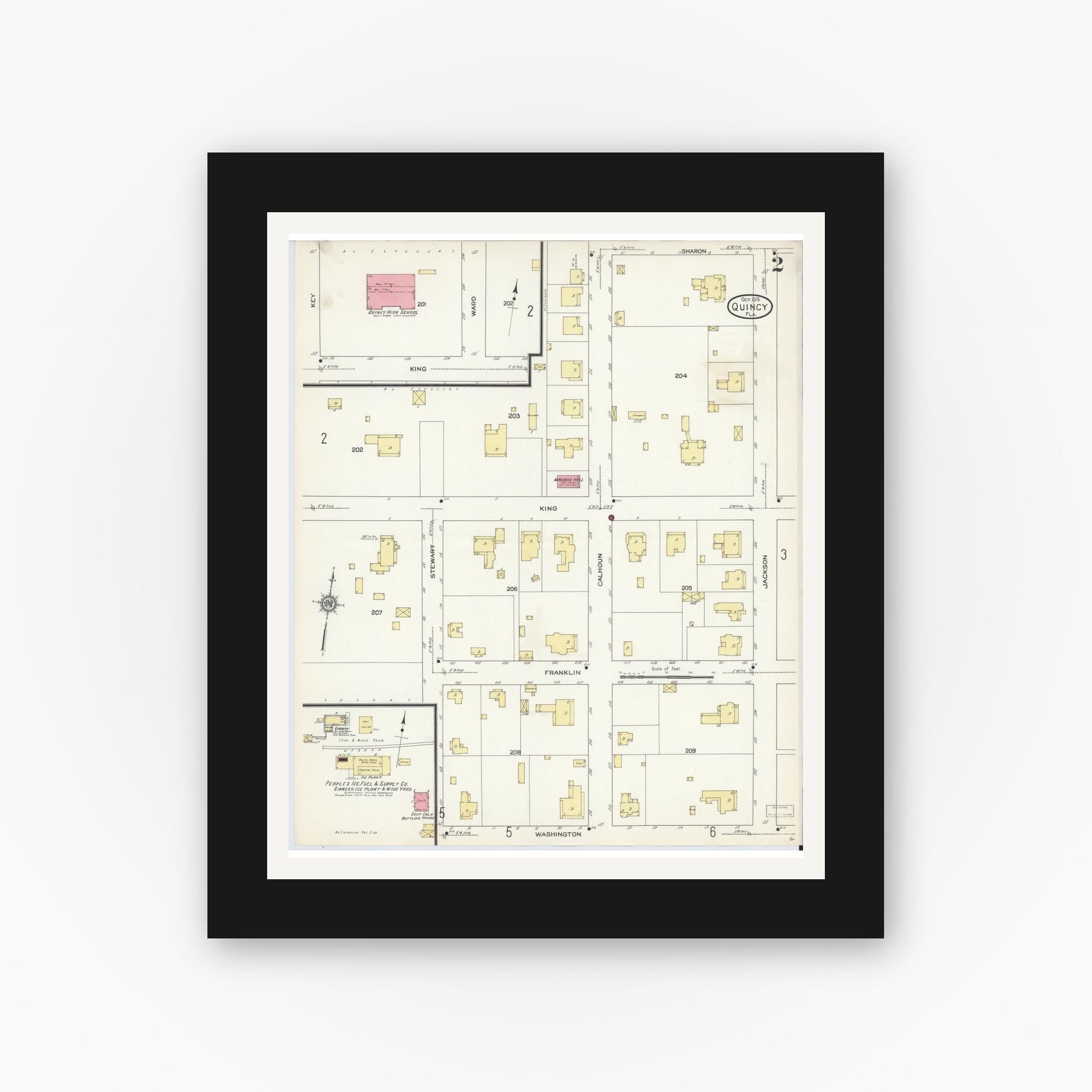 Old map wall art mockup — black gallery frame with white mat — Sanborn Fire Insurance Map from Quincy, Gadsden County, Florida (1913), Sheet #0002