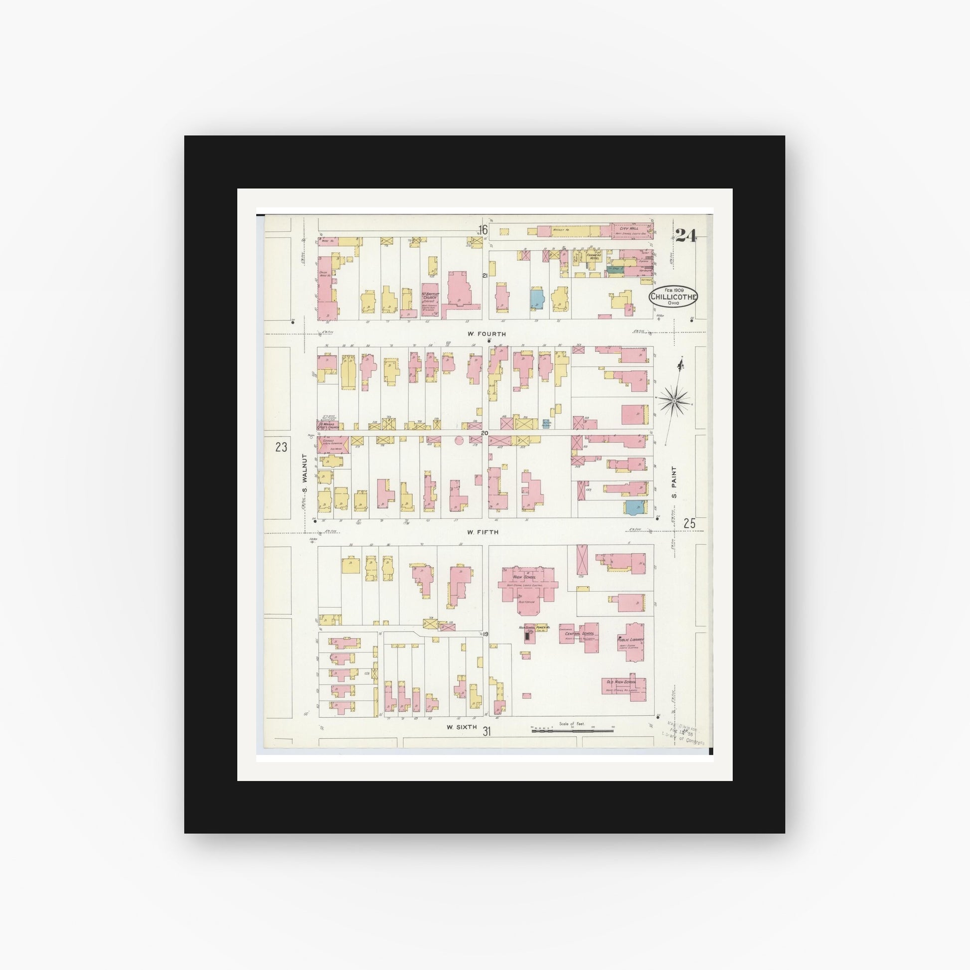 Old map wall art mockup — black gallery frame with white mat — Sanborn Fire Insurance Map from Chillicothe, Ross County, Ohio (1909), Sheet #0024