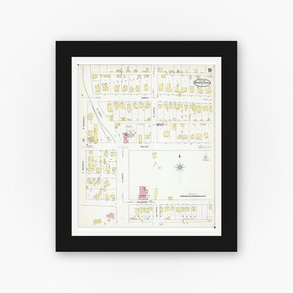Old map wall art mockup — black gallery frame with white mat — Sanborn Fire Insurance Map from Murphysboro, Jackson County, Illinois (1909), Sheet #0009