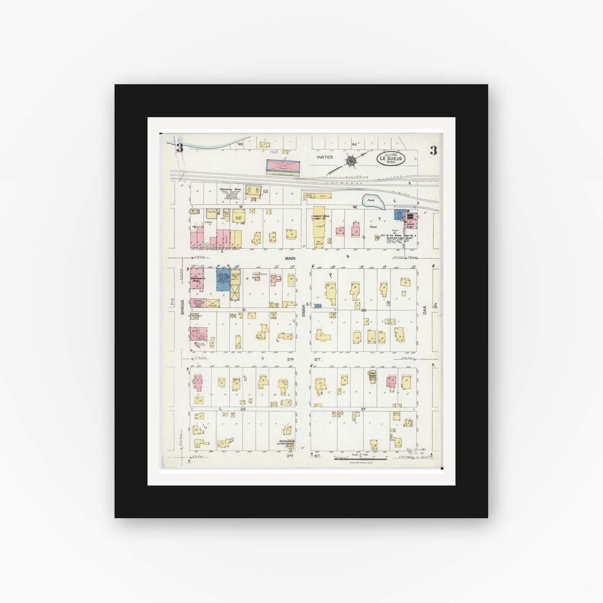 Old map wall art mockup — black gallery frame with white mat — Sanborn Fire Insurance Map from Le Sueur, Le Sueur County, Minnesota (1924), Sheet #0003
