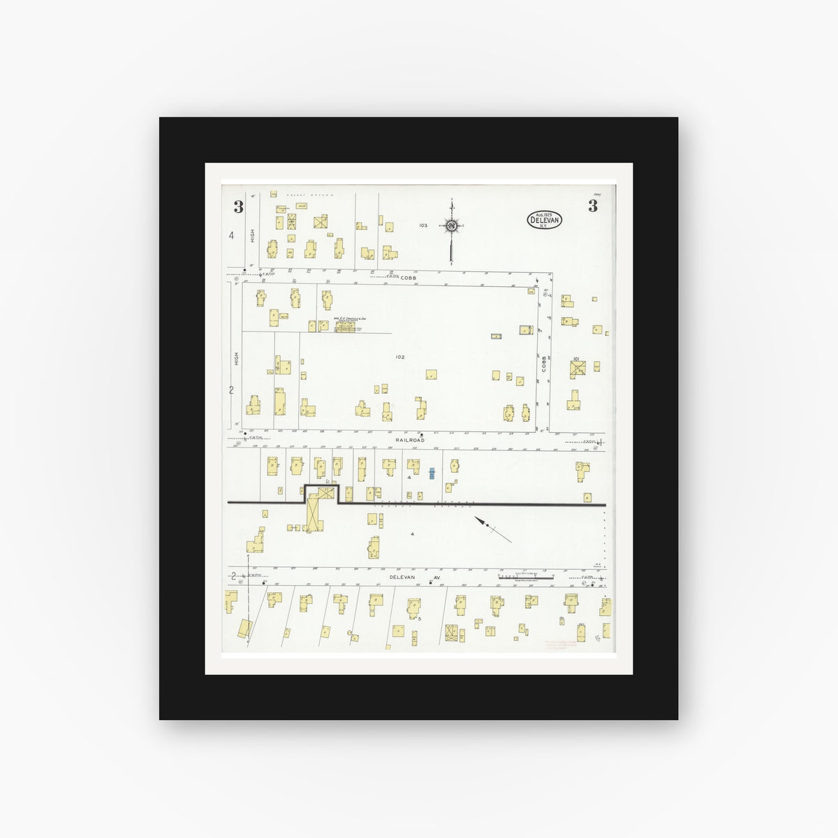Old map wall art mockup — black gallery frame with white mat — Sanborn Fire Insurance Map from Delevan, Cattaraugus County, New York (1929), Sheet #0003