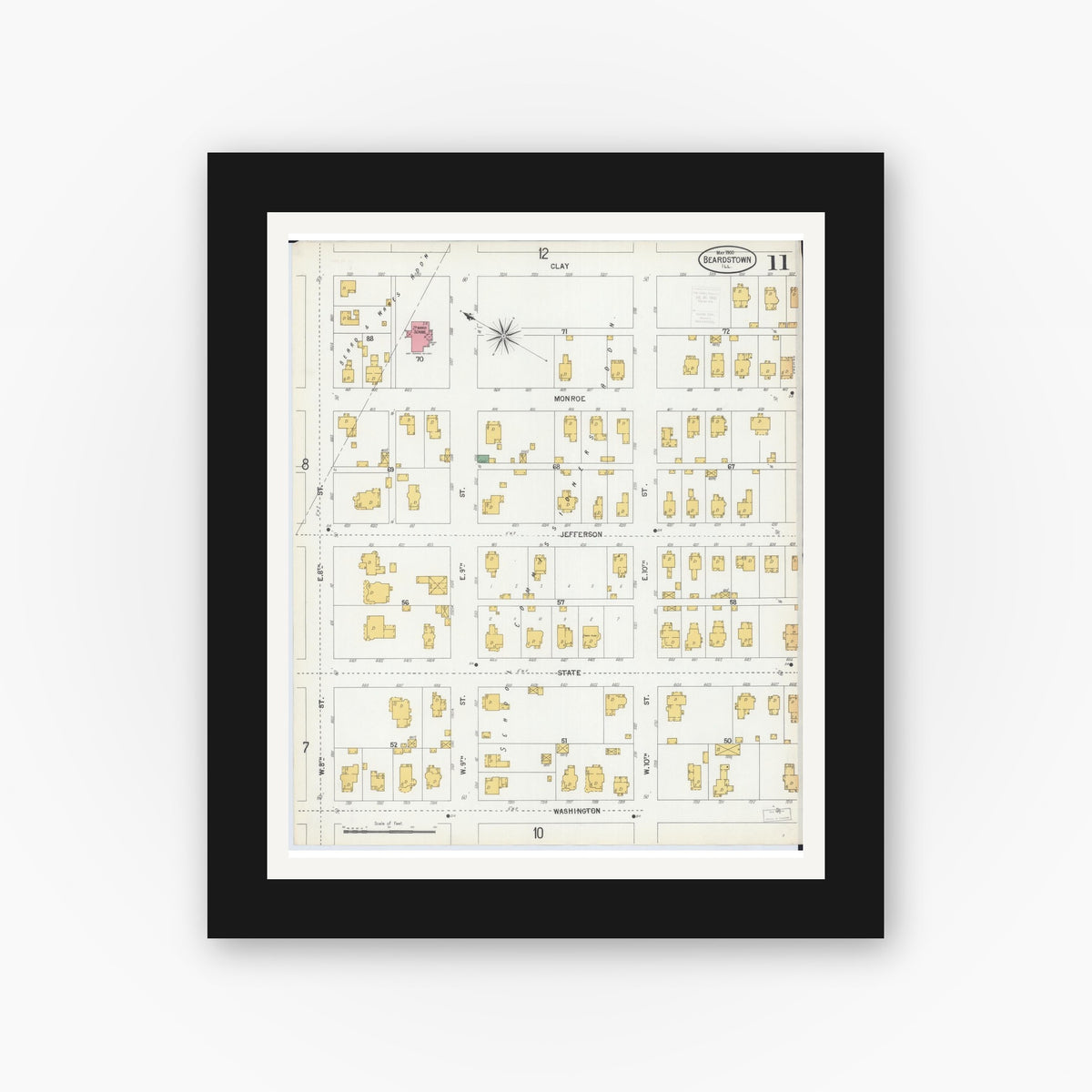 Old map wall art mockup — black gallery frame with white mat — Sanborn Fire Insurance Map from Beardstown, Cass County, Illinois (1900), Sheet #0011