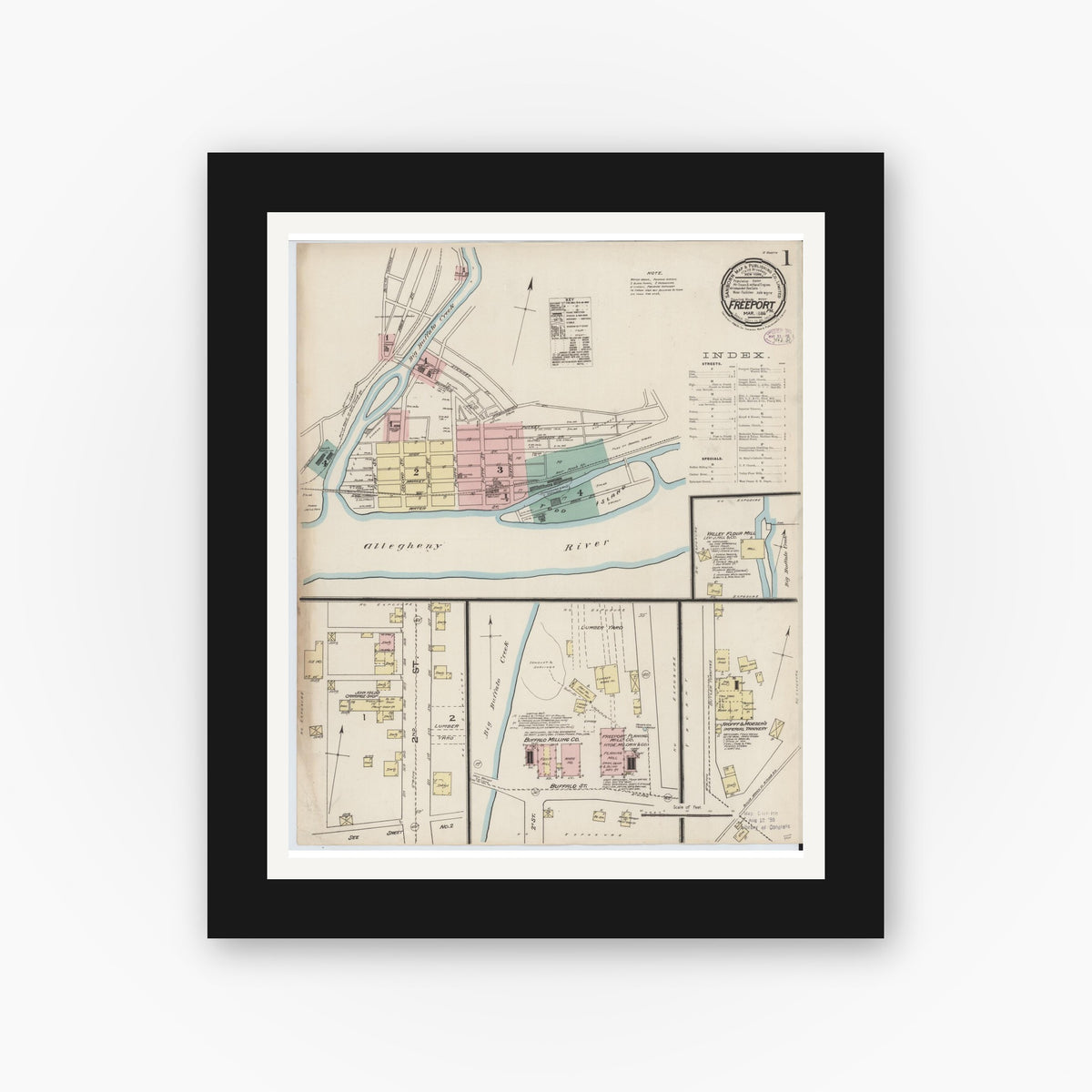 Old map wall art mockup — black gallery frame with white mat — Sanborn Fire Insurance Map from Freeport, Armstrong County, Pennsylvania (1886), Sheet #0001