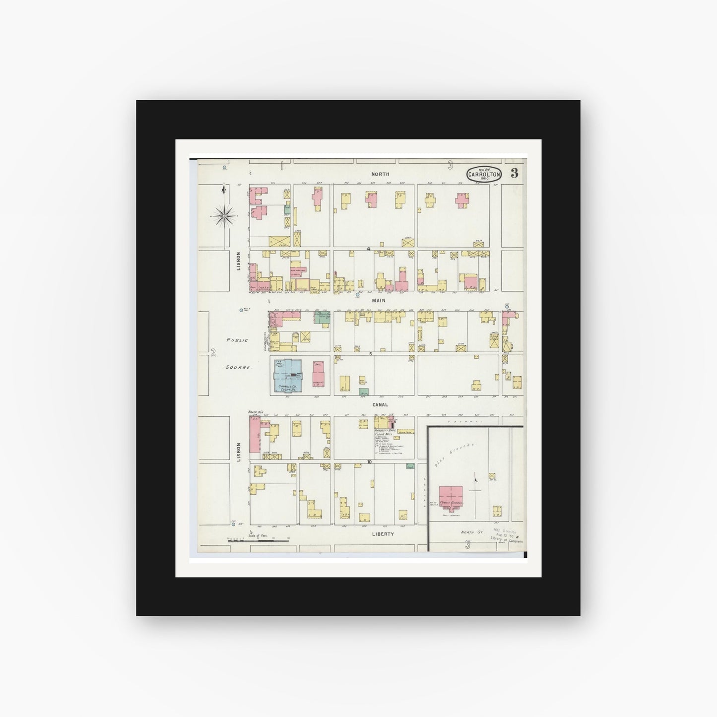 Old map wall art mockup — black gallery frame with white mat — Sanborn Fire Insurance Map from Carrollton, Carroll County, Ohio (1895), Sheet #0003