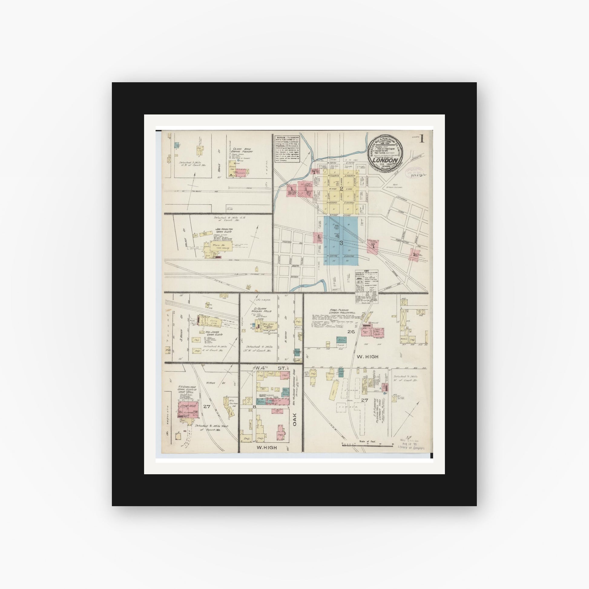 Old map wall art mockup — black gallery frame with white mat — Sanborn Fire Insurance Map from London, Madison County, Ohio (1885), Sheet #0001