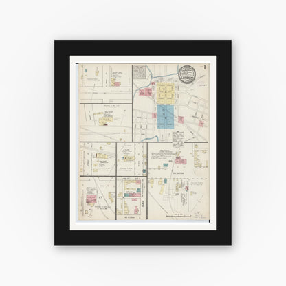 Old map wall art mockup — black gallery frame with white mat — Sanborn Fire Insurance Map from London, Madison County, Ohio (1885), Sheet #0001