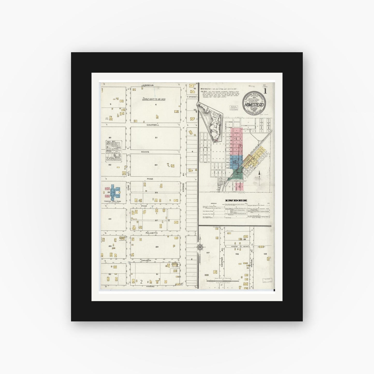 Old map wall art mockup — black gallery frame with white mat — Sanborn Fire Insurance Map from Holmestead, Dade County, Florida (1920), Sheet #0001