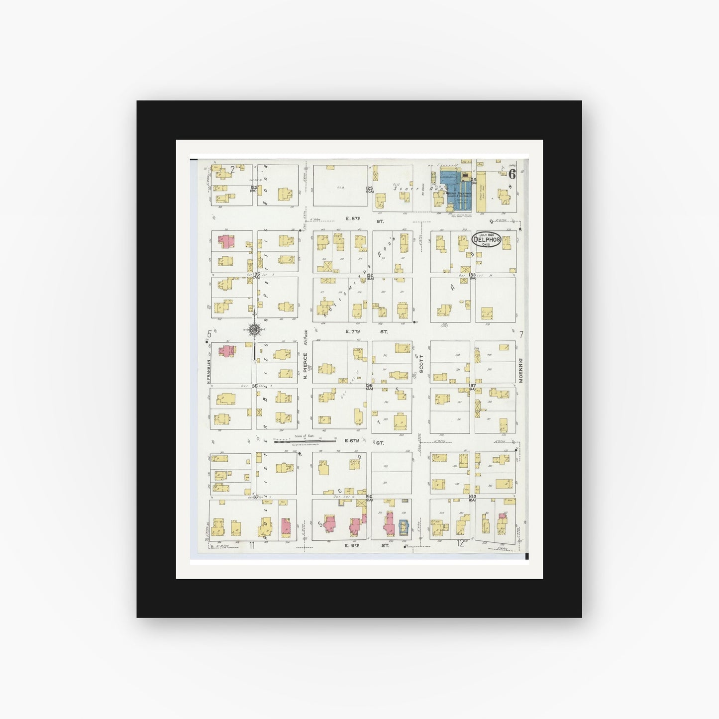 Old map wall art mockup — black gallery frame with white mat — Sanborn Fire Insurance Map from Delphos, Van Wert And Allen Counties, Ohio (1921), Sheet #0006