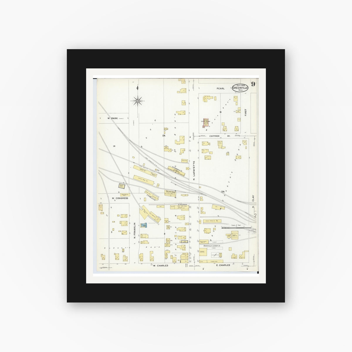 Old map wall art mockup — black gallery frame with white mat — Sanborn Fire Insurance Map from Greenville, Montcalm County, Michigan (1908), Sheet #0009