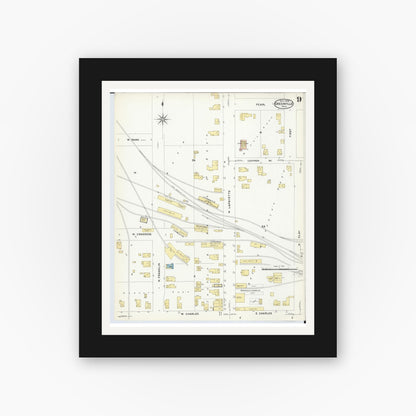 Old map wall art mockup — black gallery frame with white mat — Sanborn Fire Insurance Map from Greenville, Montcalm County, Michigan (1908), Sheet #0009